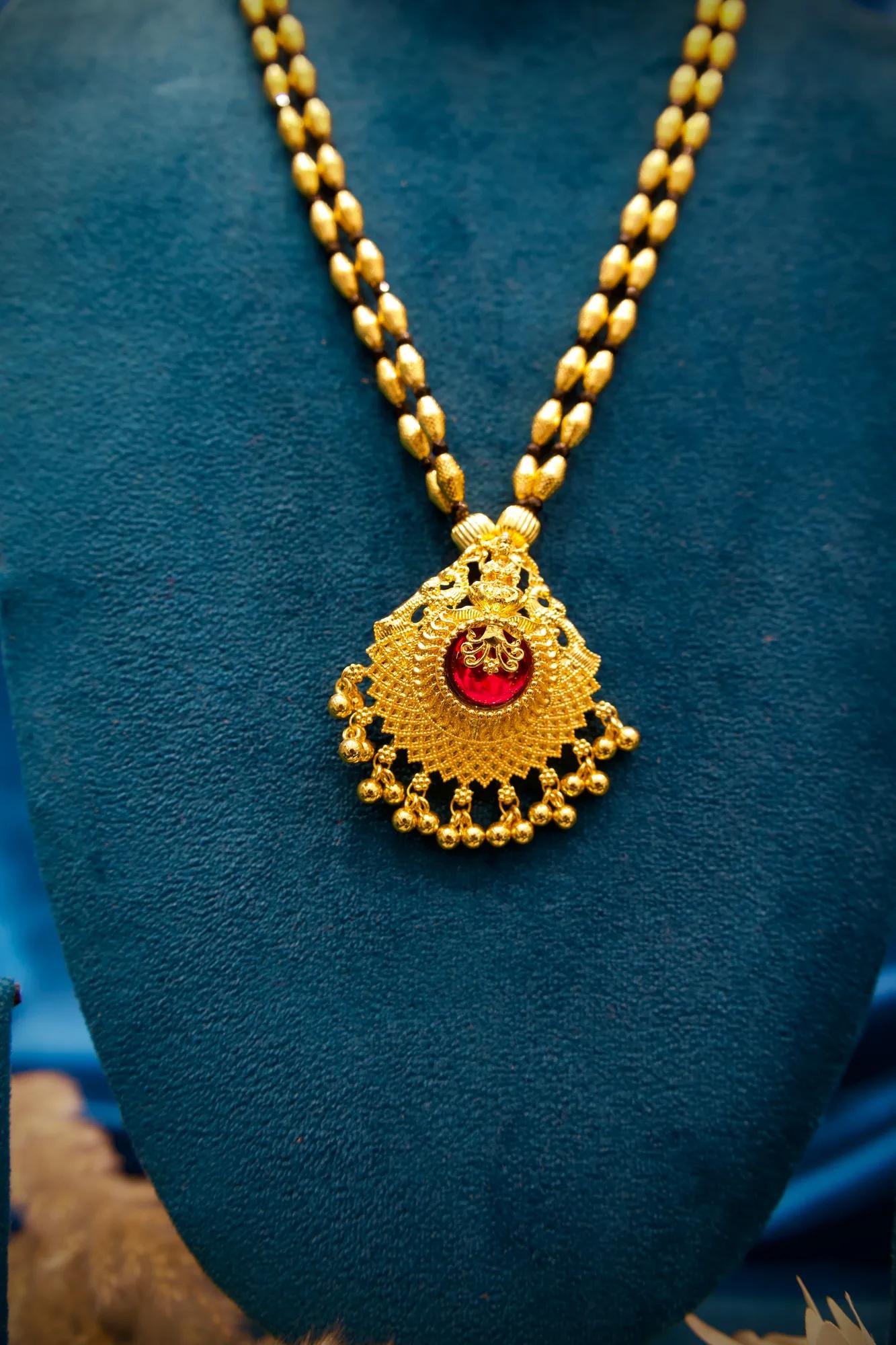 Traditional Black Bead Mangalsutra Pendant Set with Ruby Stone