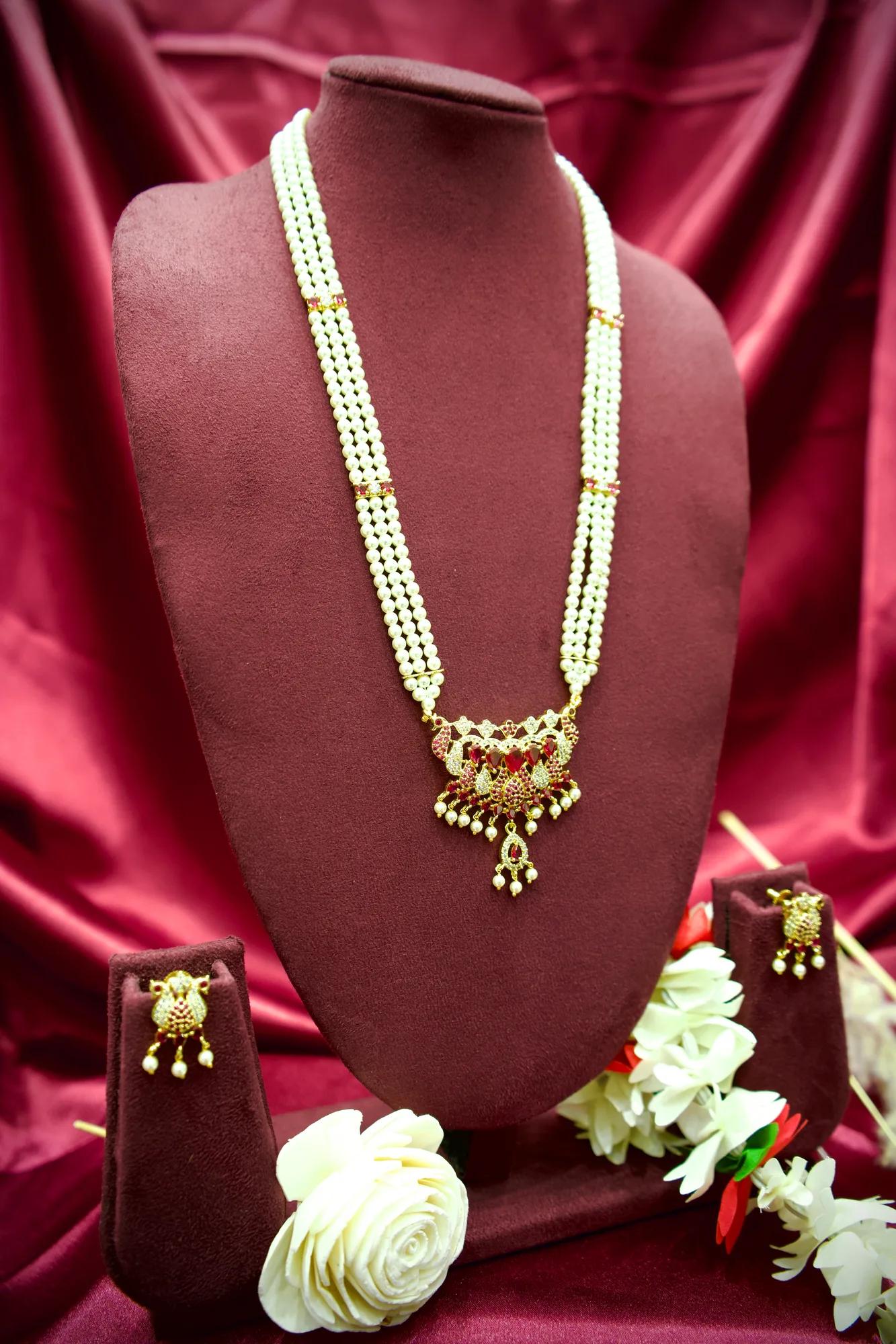 Royal Pearl Pendant Necklace Set with Ruby CZ Detailing