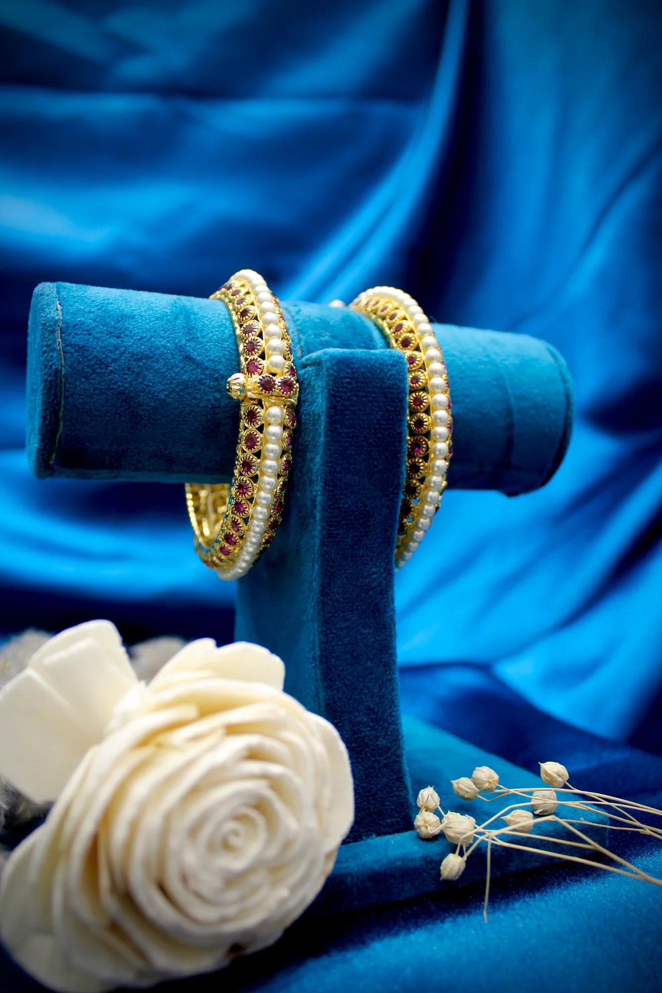 Pearl & Ruby CZ Traditional Bangles (Set of 2)
