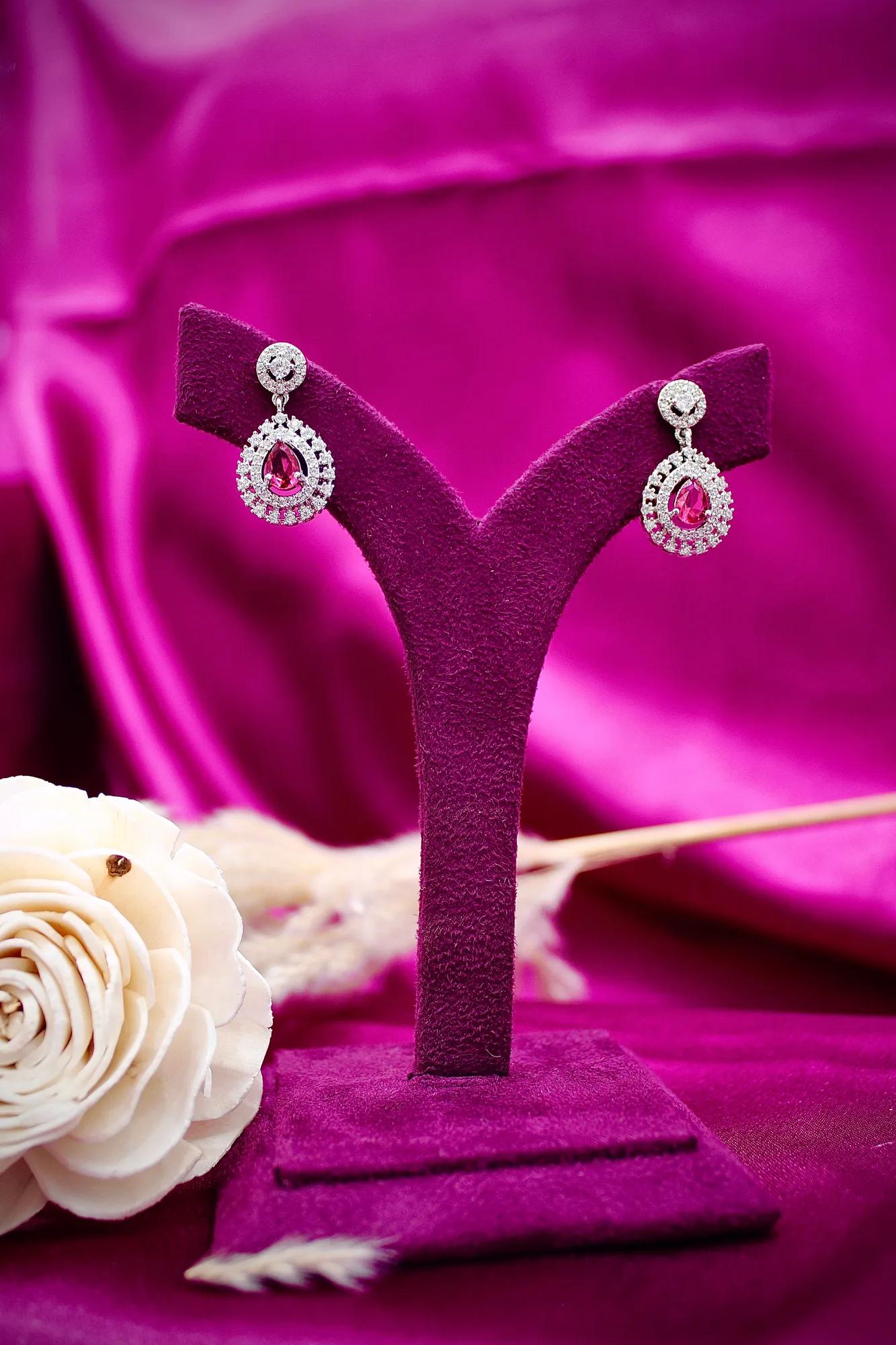 Elegant American Diamond Necklace with Ruby Drop Pendant