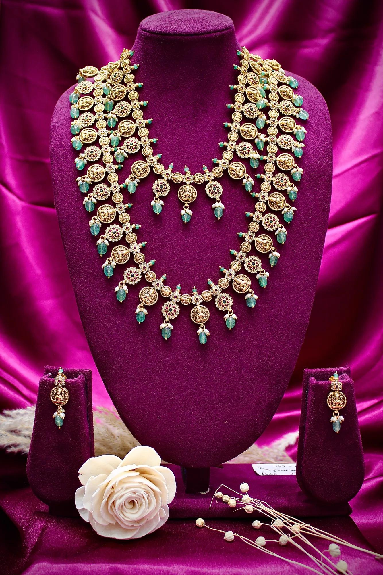 Grand Temple Coin Haram Set with Emerald Bead Drops