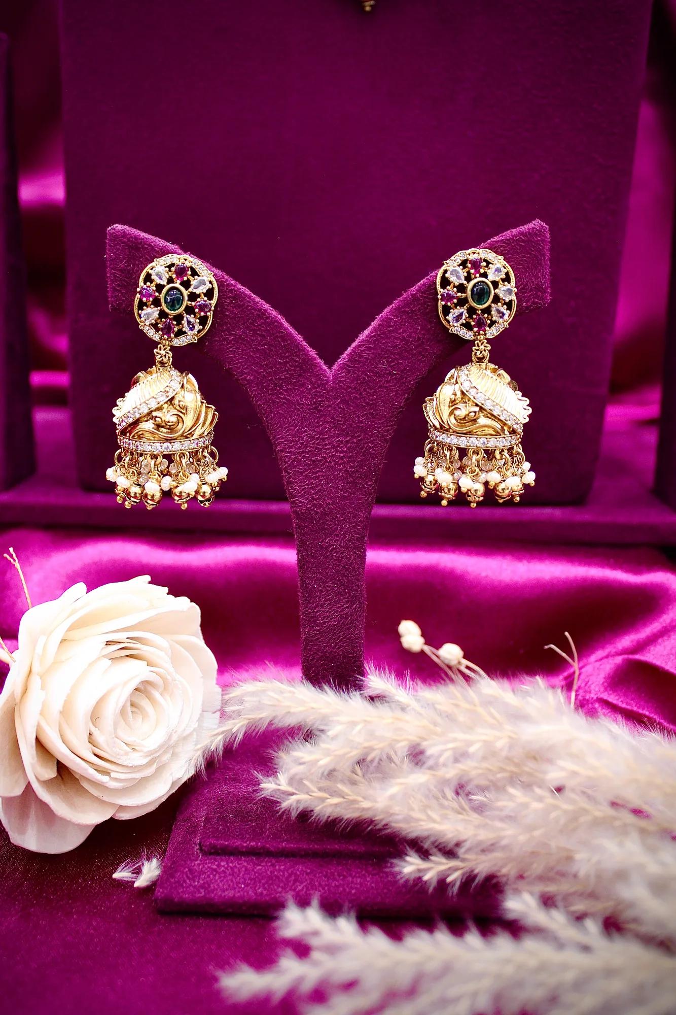 Royal Antique Gold-Plated Dual Layer Temple Necklace Set with Green Stone Pendant & Jhumka Earrings