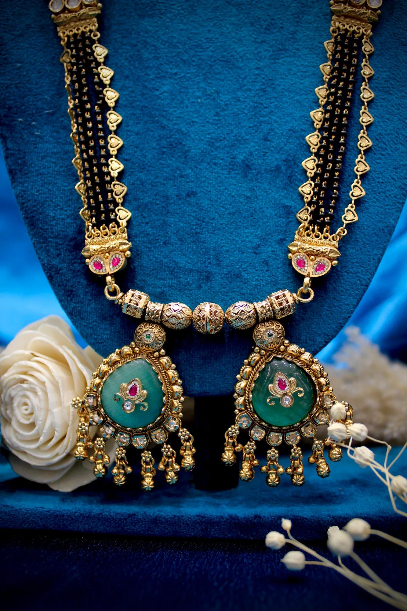 Royal Aqua Green Dual-Pendant Traditional Mangalsutra Necklace Set