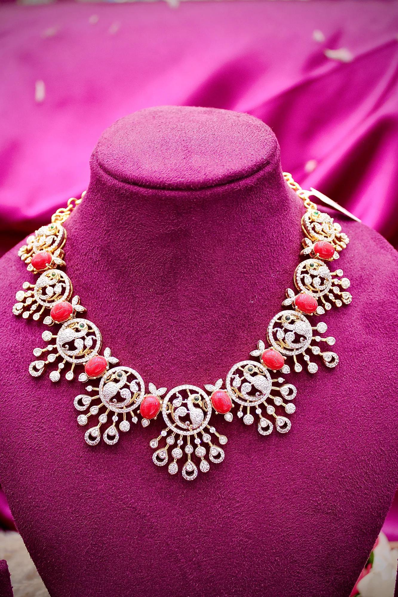 Coral Stone American Diamond Statement Necklace Set