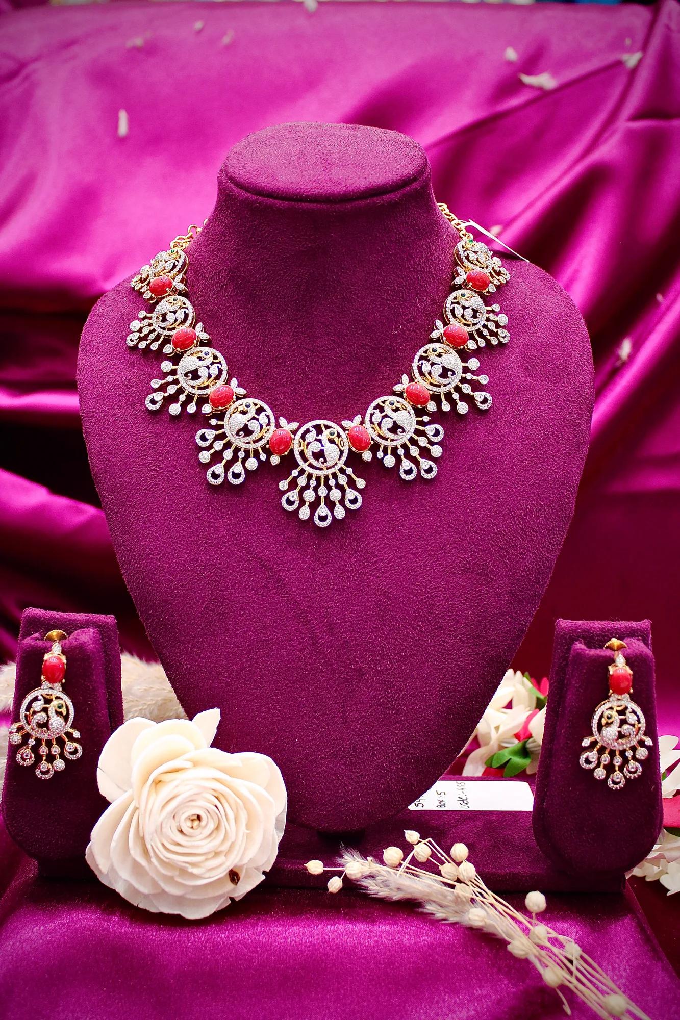 Coral Stone American Diamond Statement Necklace Set