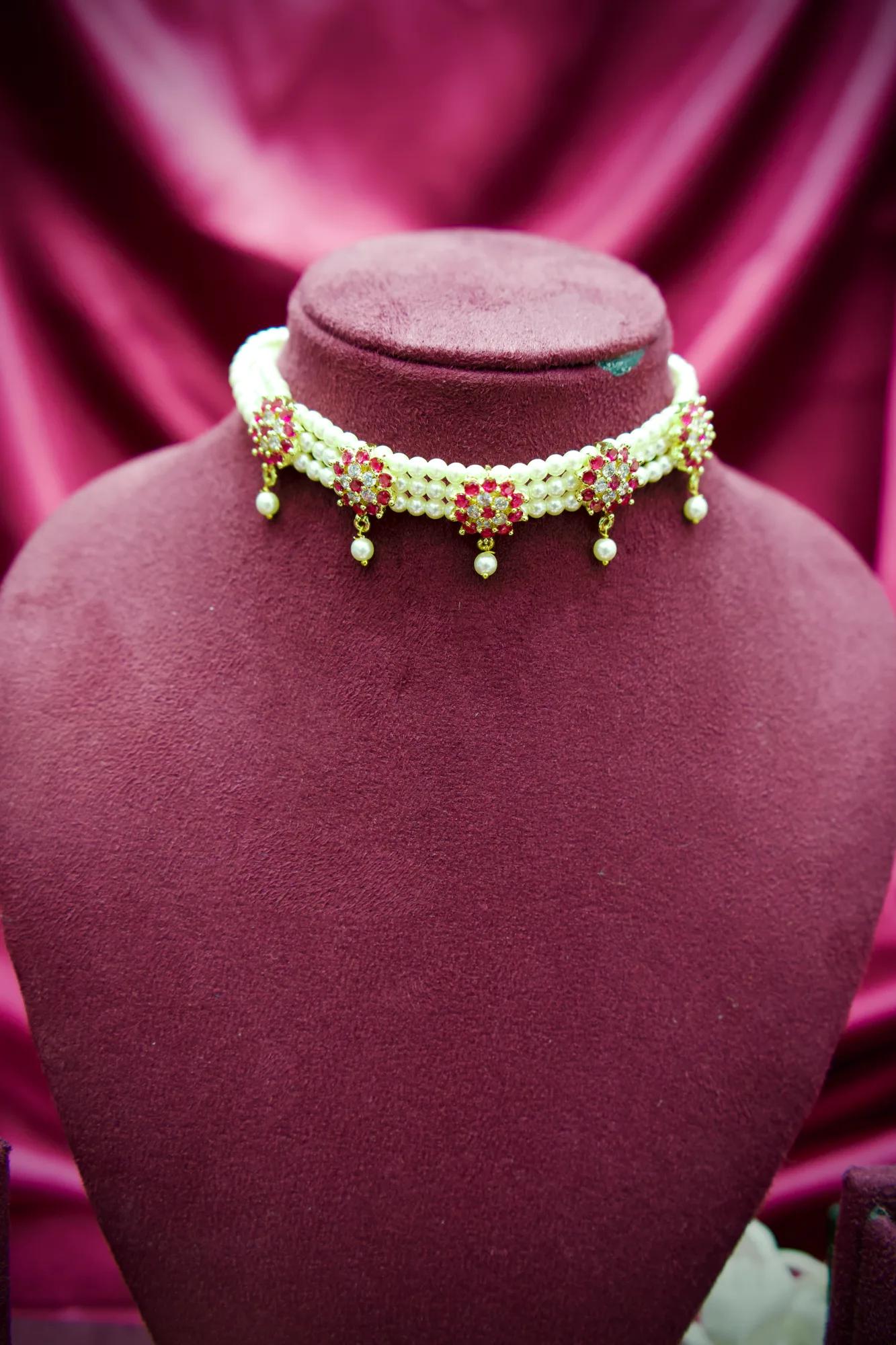 Floral Pearl Choker Necklace Set with Pink Stone Accents