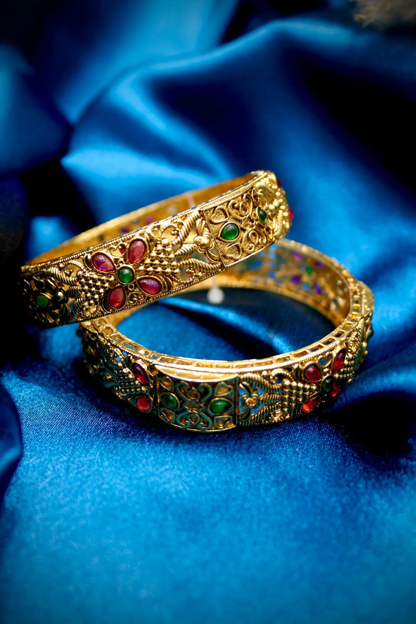 Floral Ruby & Emerald Antique Gold Bangles Set