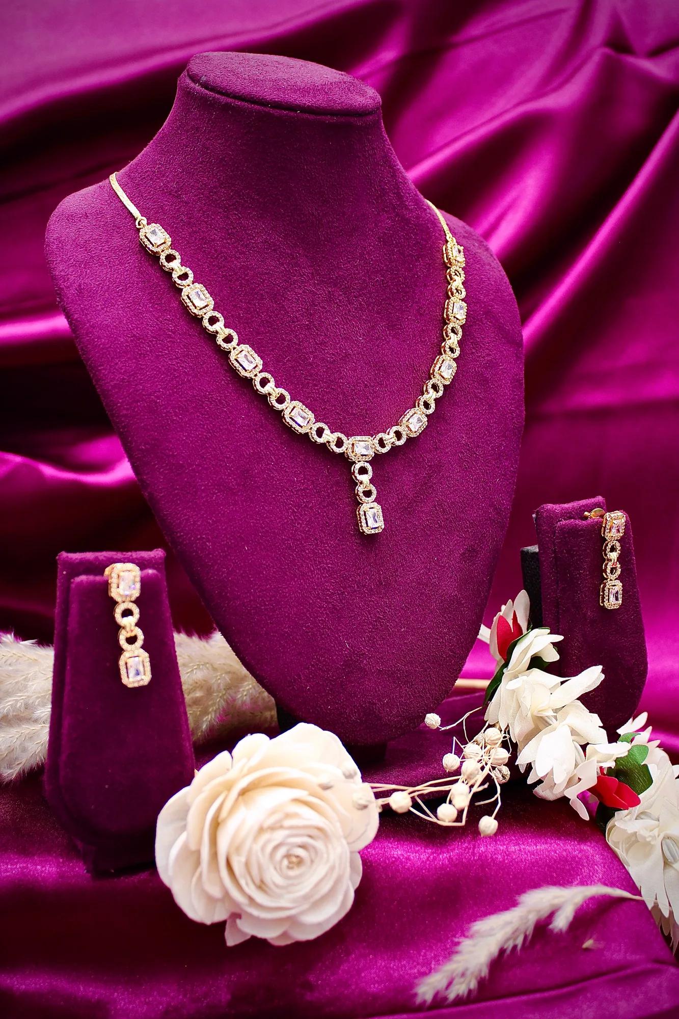 Elegant Rose Gold-Plated CZ Y-Drop Necklace Set with Matching Drop Earrings