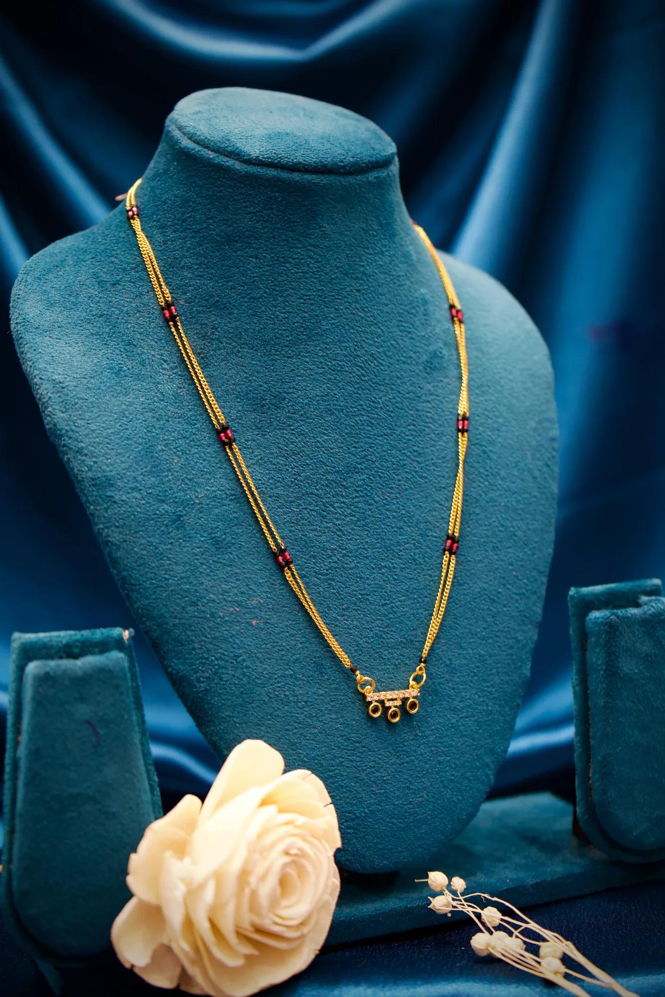 Elegant Triple Charm Mangalsutra Necklace with Pink Bead Accents