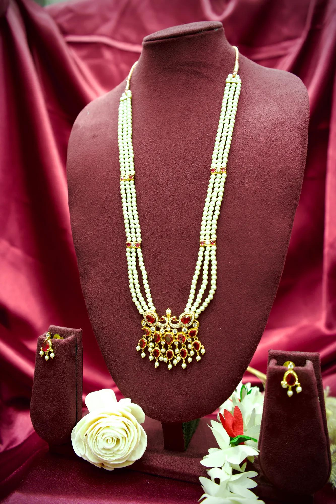 Royal Ruby Pearl Layered Necklace Set