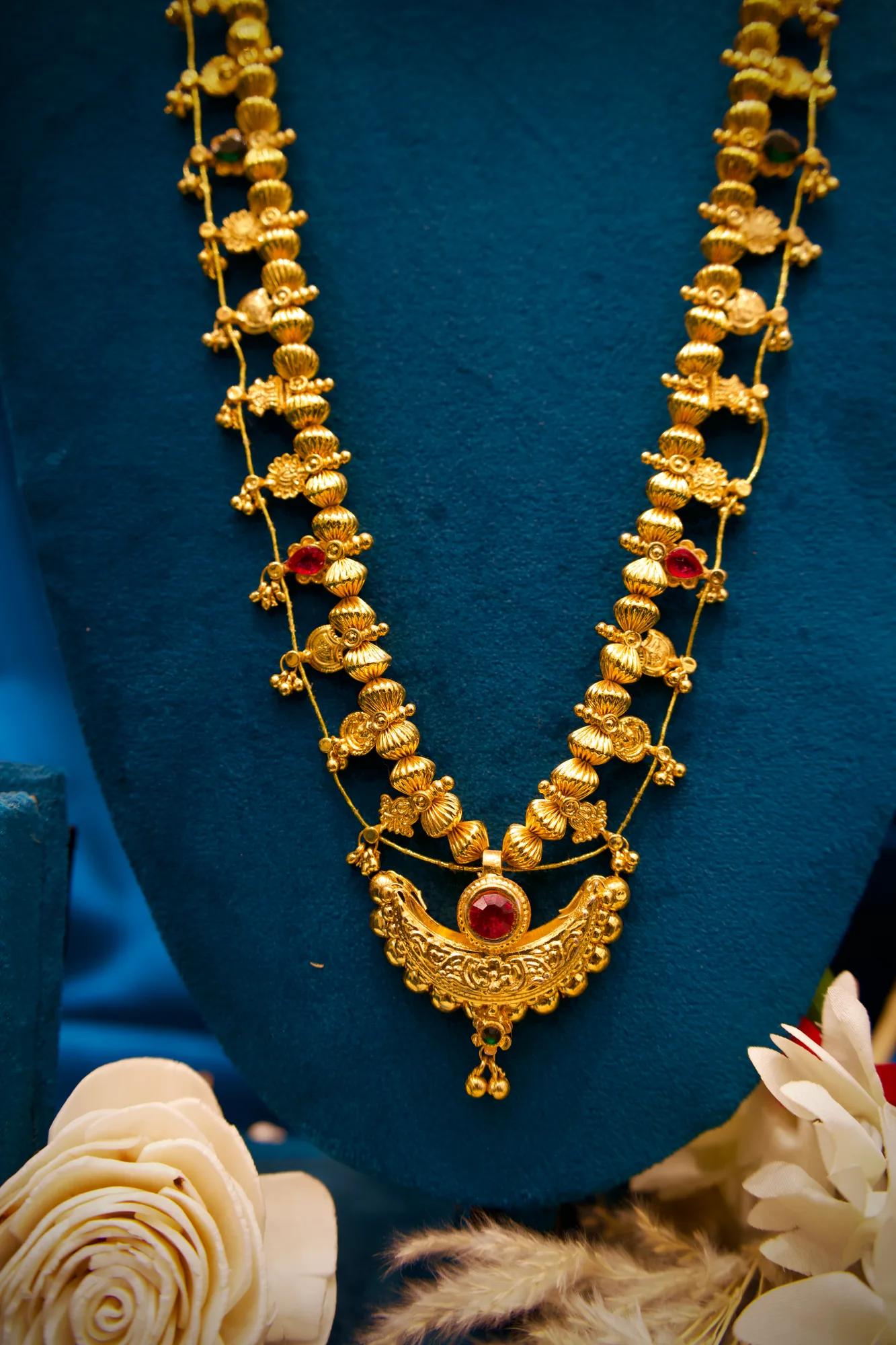 Antique Floral Long Haram Necklace with Ruby Stone Pendant
