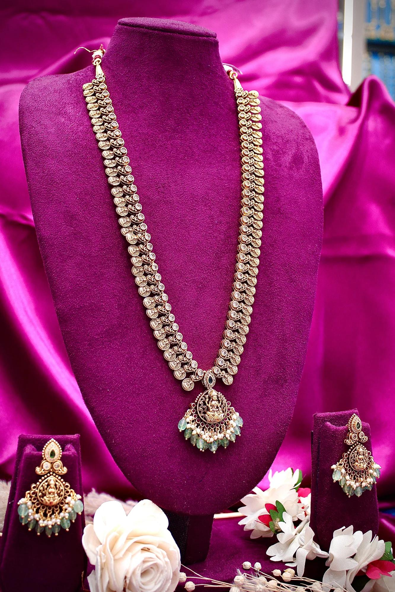 Temple Lakshmi Coin Long Haram Necklace Set with Emerald Beads