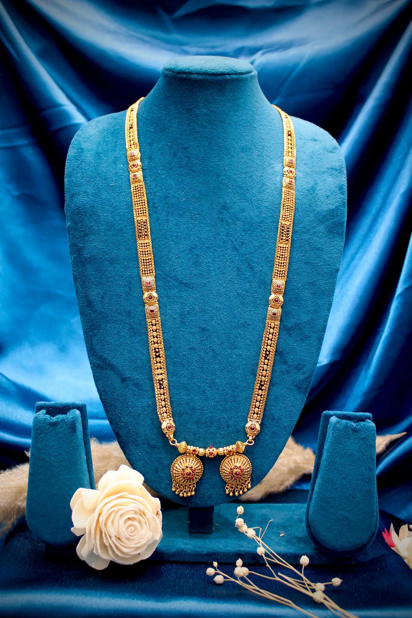 Heritage Antique Gold Long Mangalsutra with Twin Dome Pendants