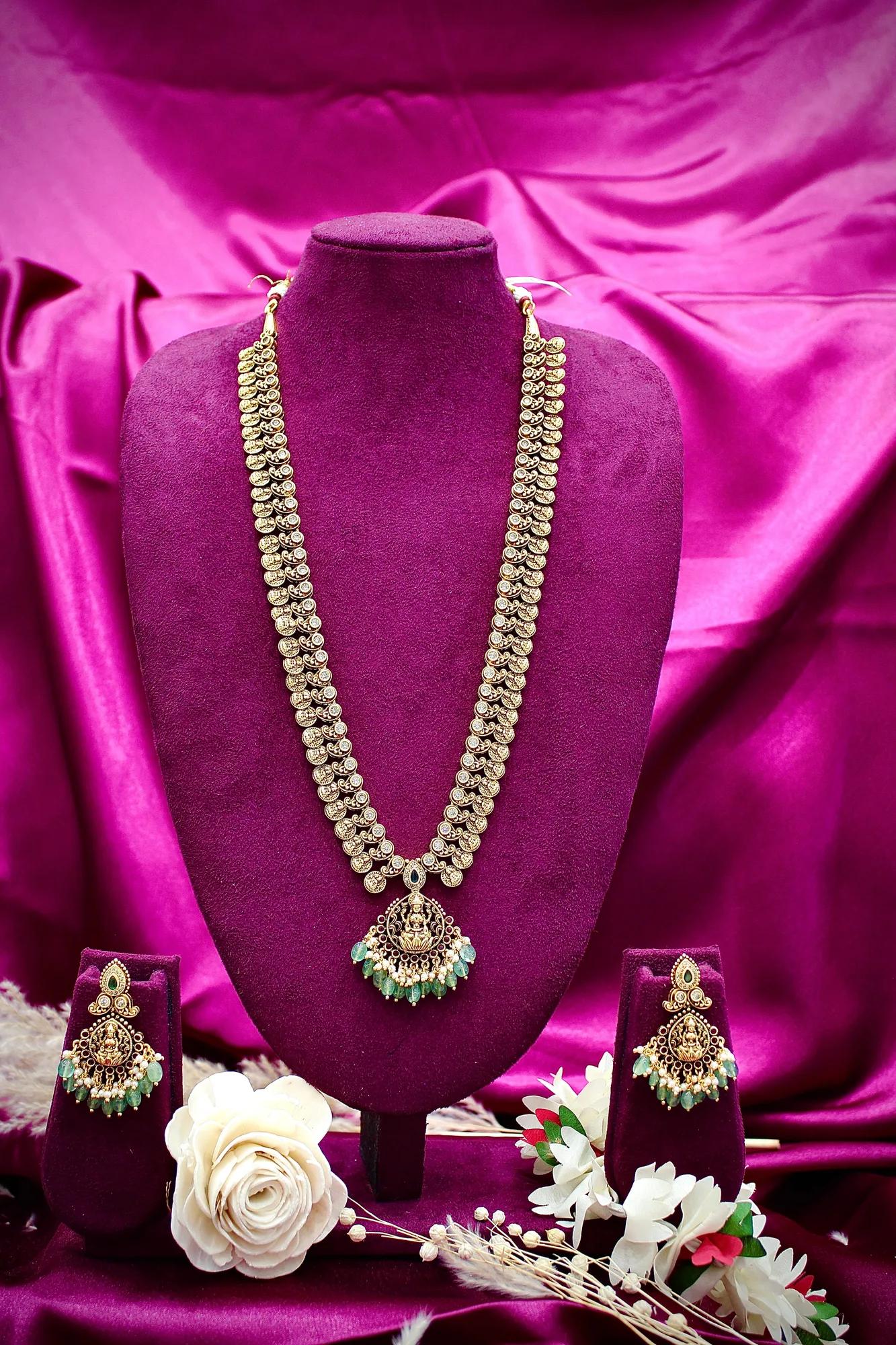 Temple Lakshmi Coin Long Haram Necklace Set with Emerald Beads