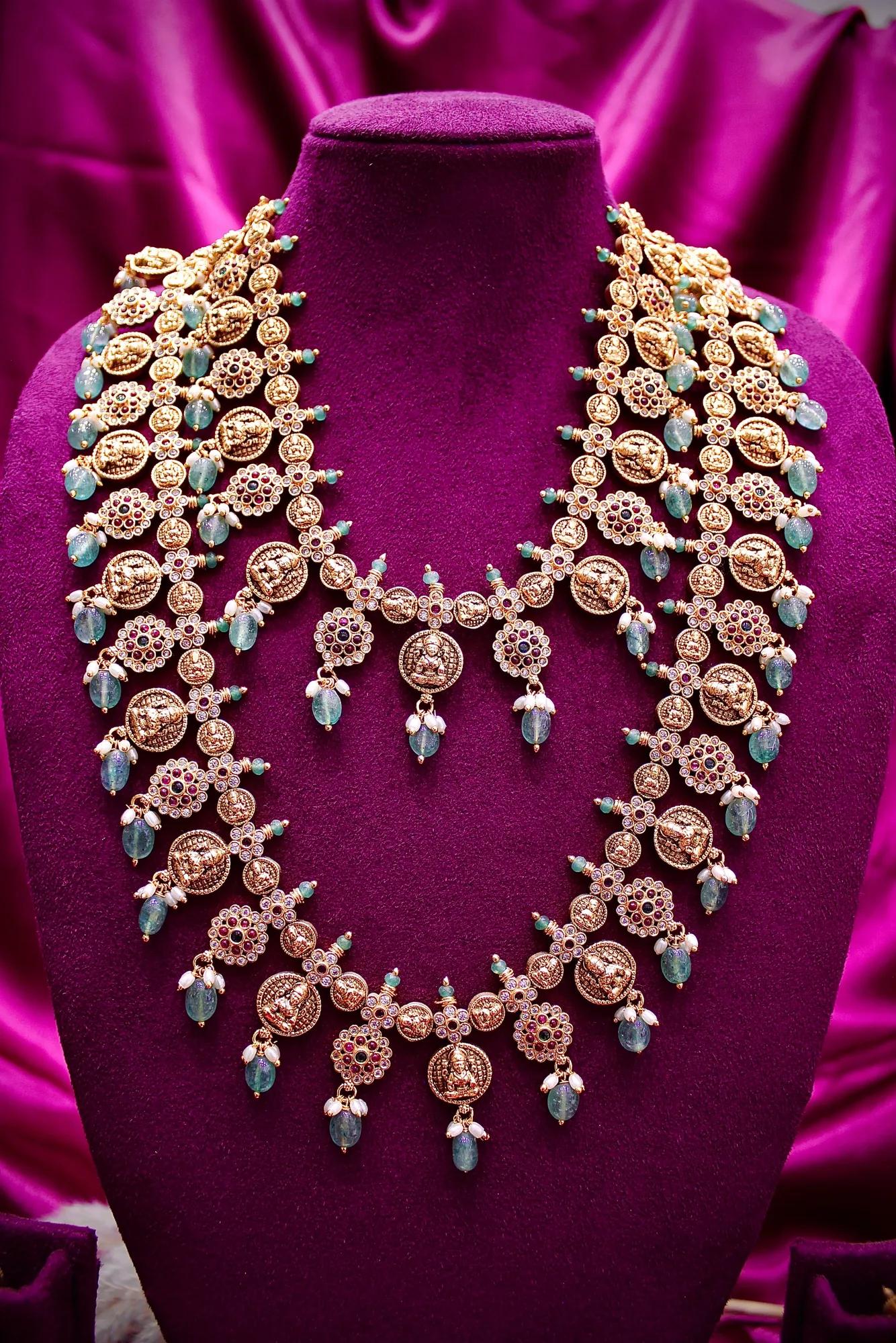 Grand Temple Coin Haram Set with Emerald Bead Drops