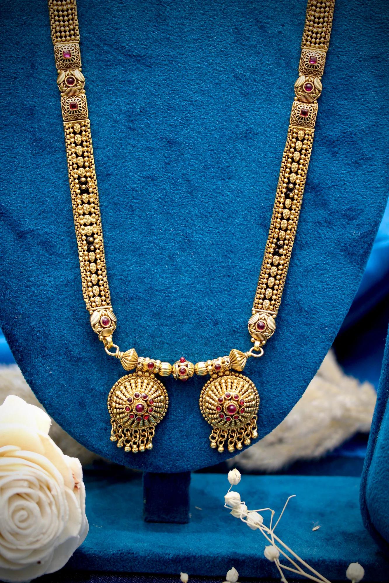 Heritage Antique Gold Long Mangalsutra with Twin Dome Pendants