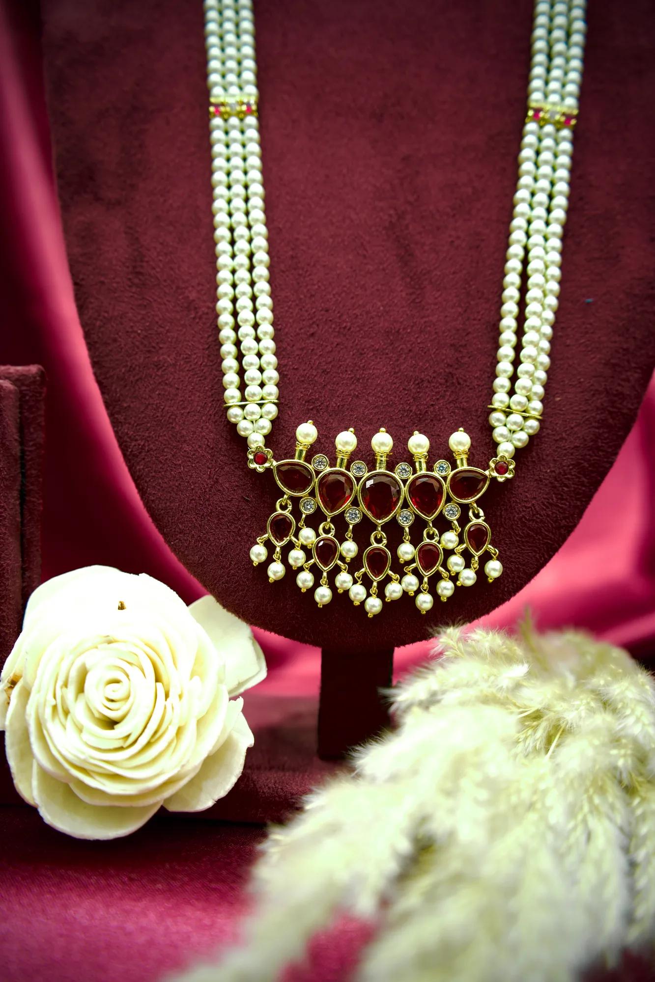 Royal Ruby Pearl Long Haram Necklace Set