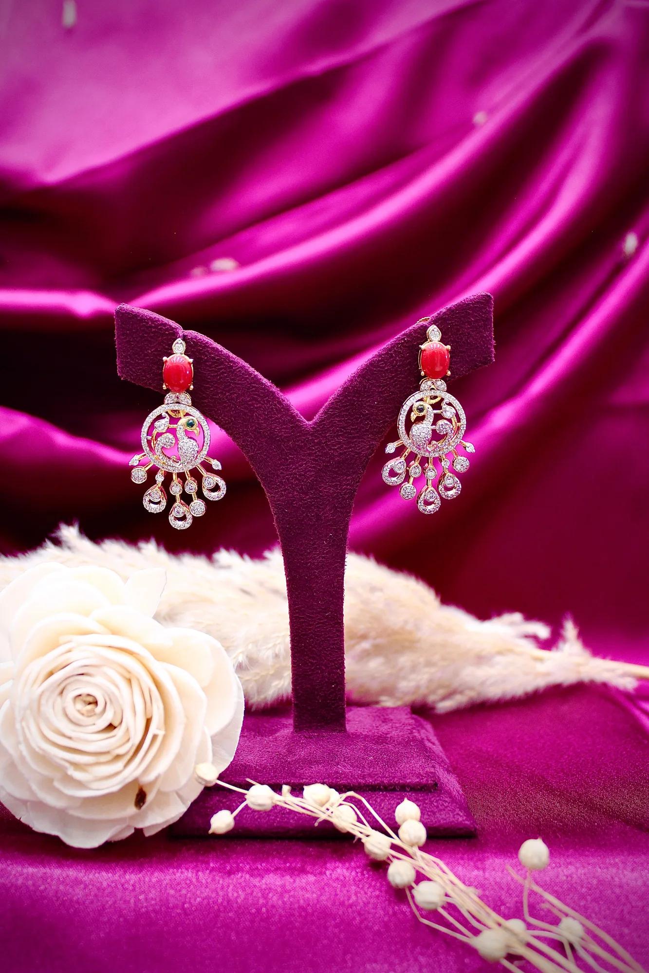 Coral Stone American Diamond Statement Necklace Set