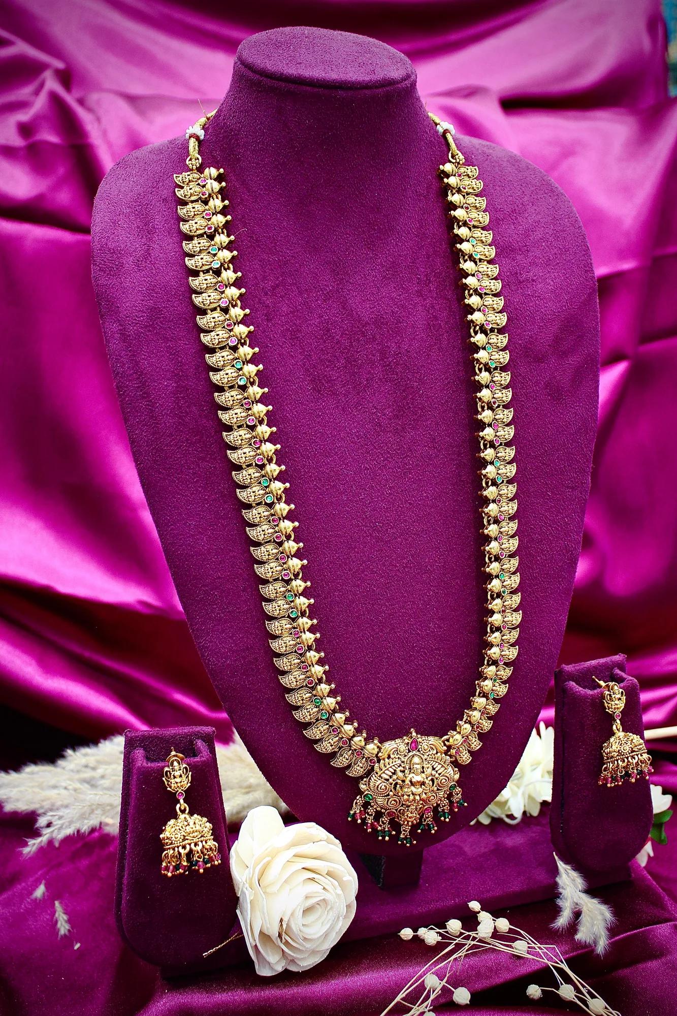Royal Temple Lakshmi Long Haram Necklace Set