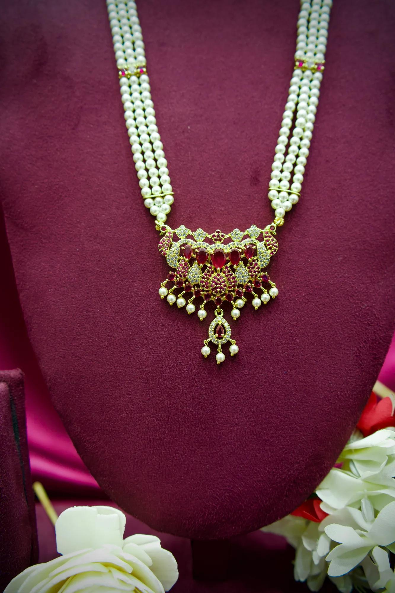 Royal Pearl Pendant Necklace Set with Ruby CZ Detailing