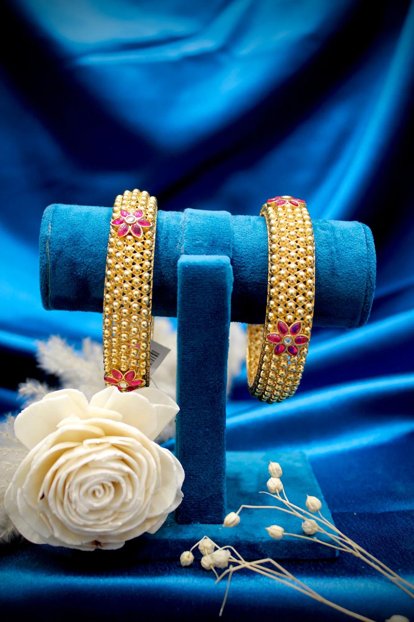 Antique Floral Mesh Ruby Stone Bangles Set