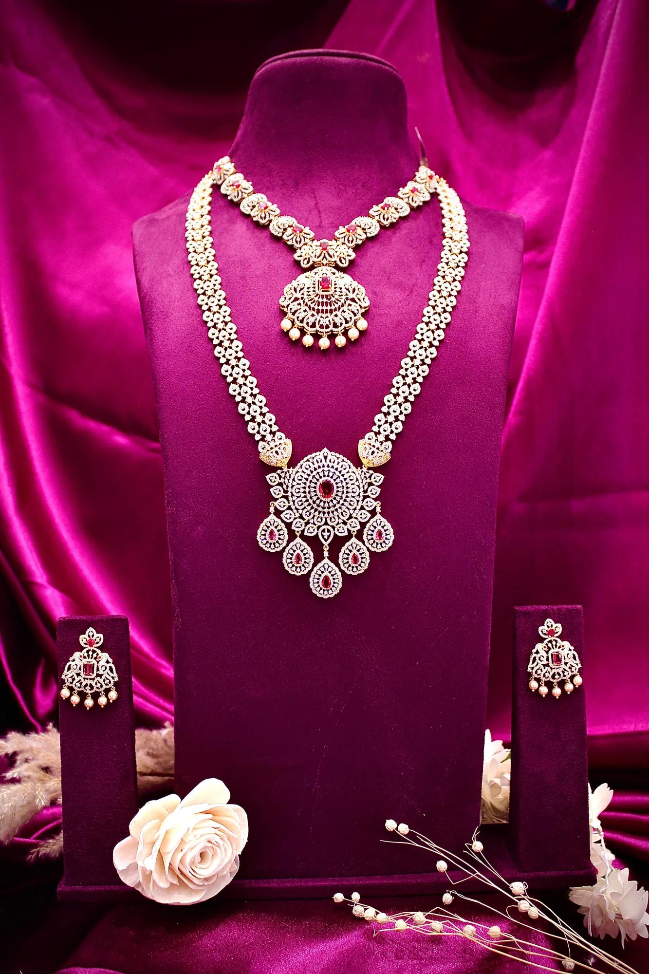 Royal Dual-Layer American Diamond Necklace Set with Ruby Accents