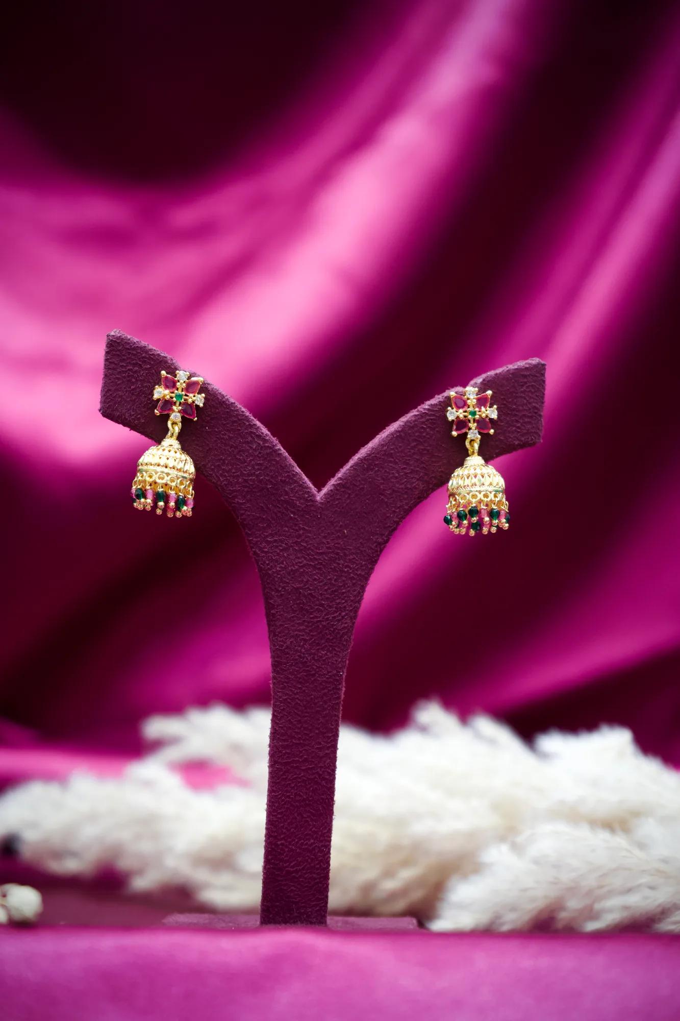Ruby Floral Jhumka Earrings with Multicolor Bead Drops