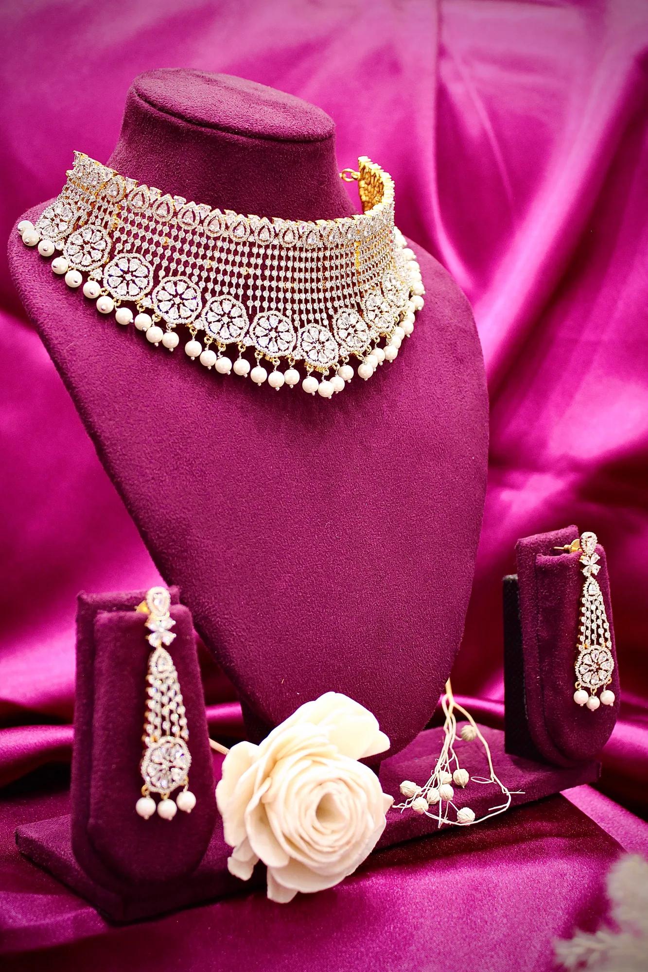 Royal American Diamond Pearl Fringe Choker Set with Long Earrings