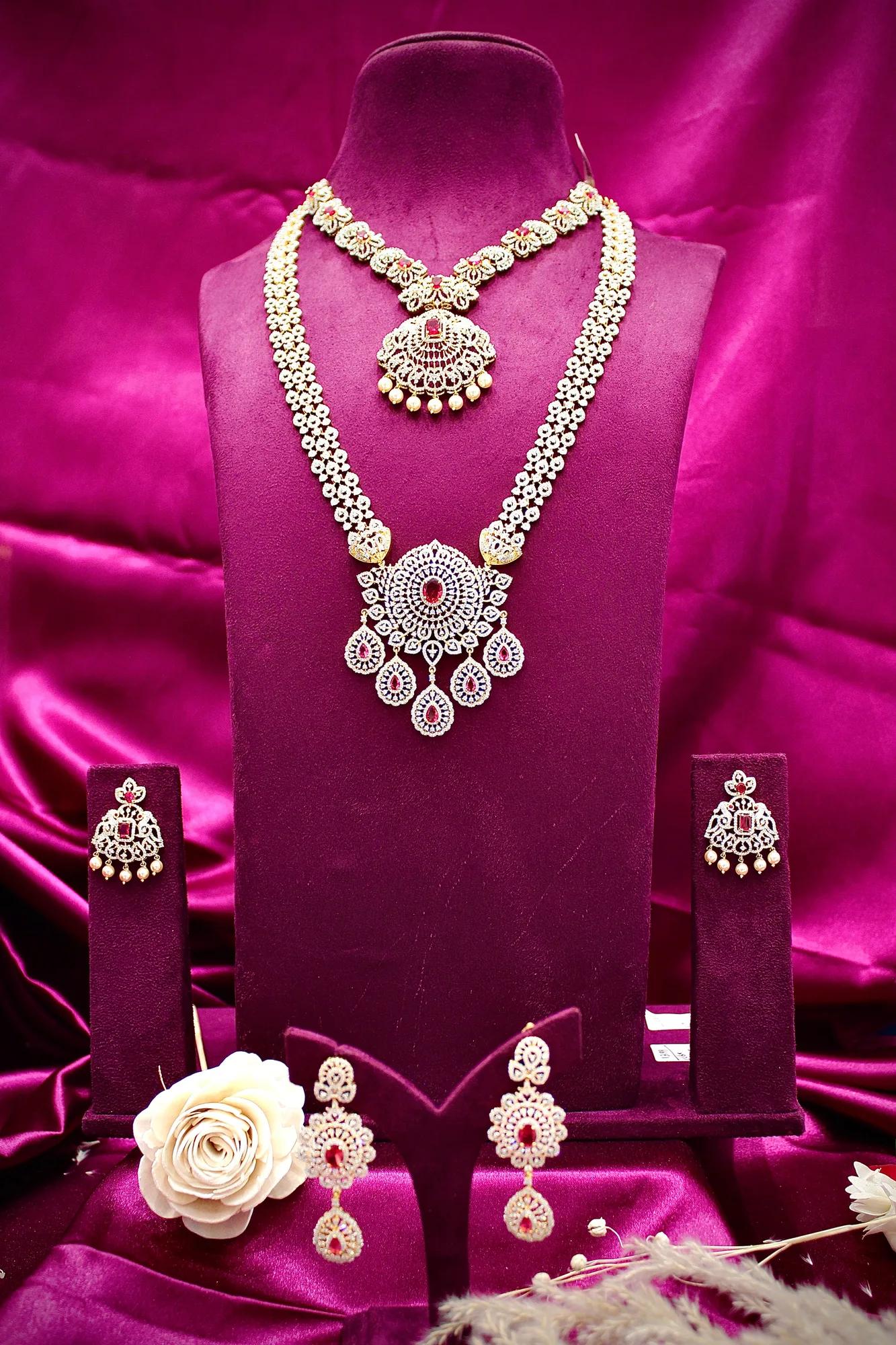 Royal Dual-Layer American Diamond Necklace Set with Ruby Accents