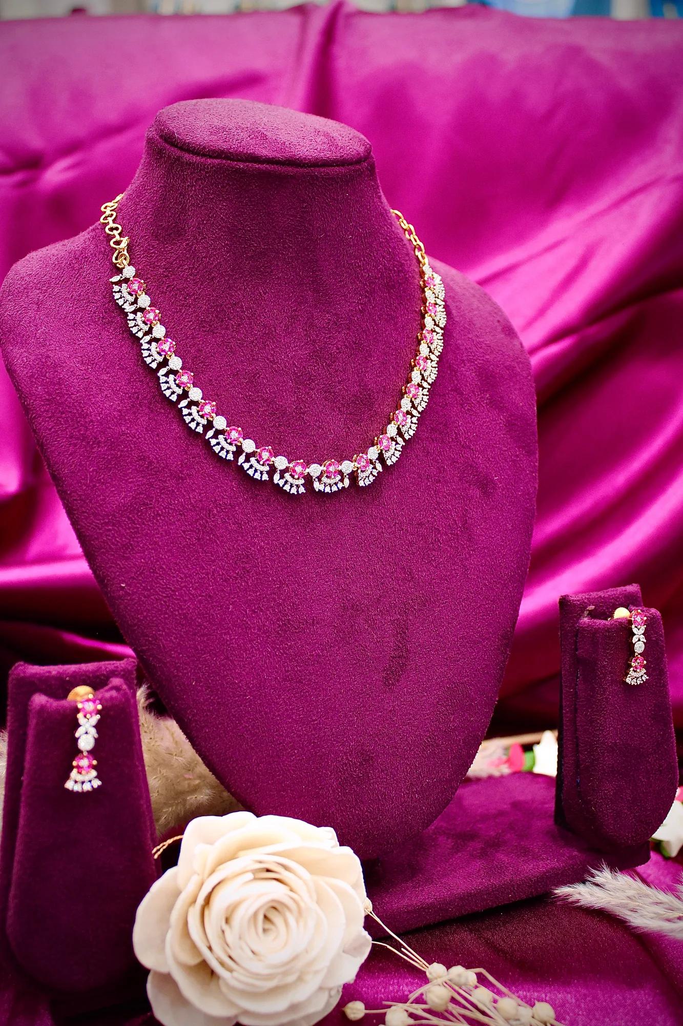 Pink Crystal Floral Necklace Set with Matching Earrings