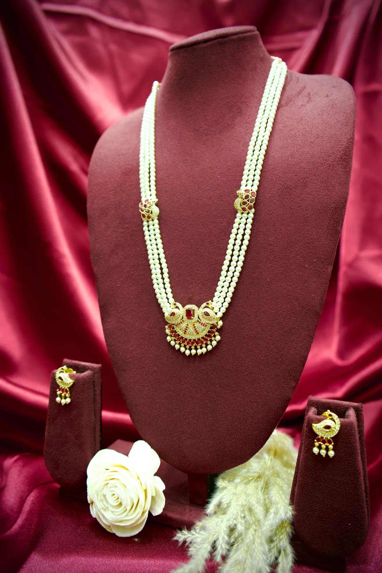 Classic Pearl Pendant Necklace Set with Ruby Stone Accents