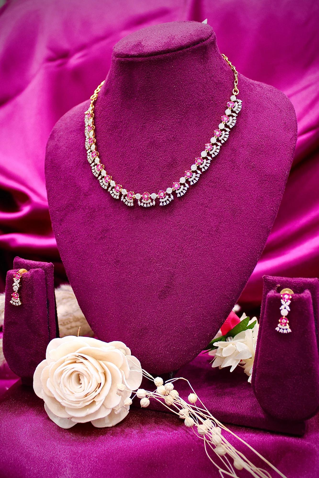 Pink Crystal Floral Necklace Set with Matching Earrings