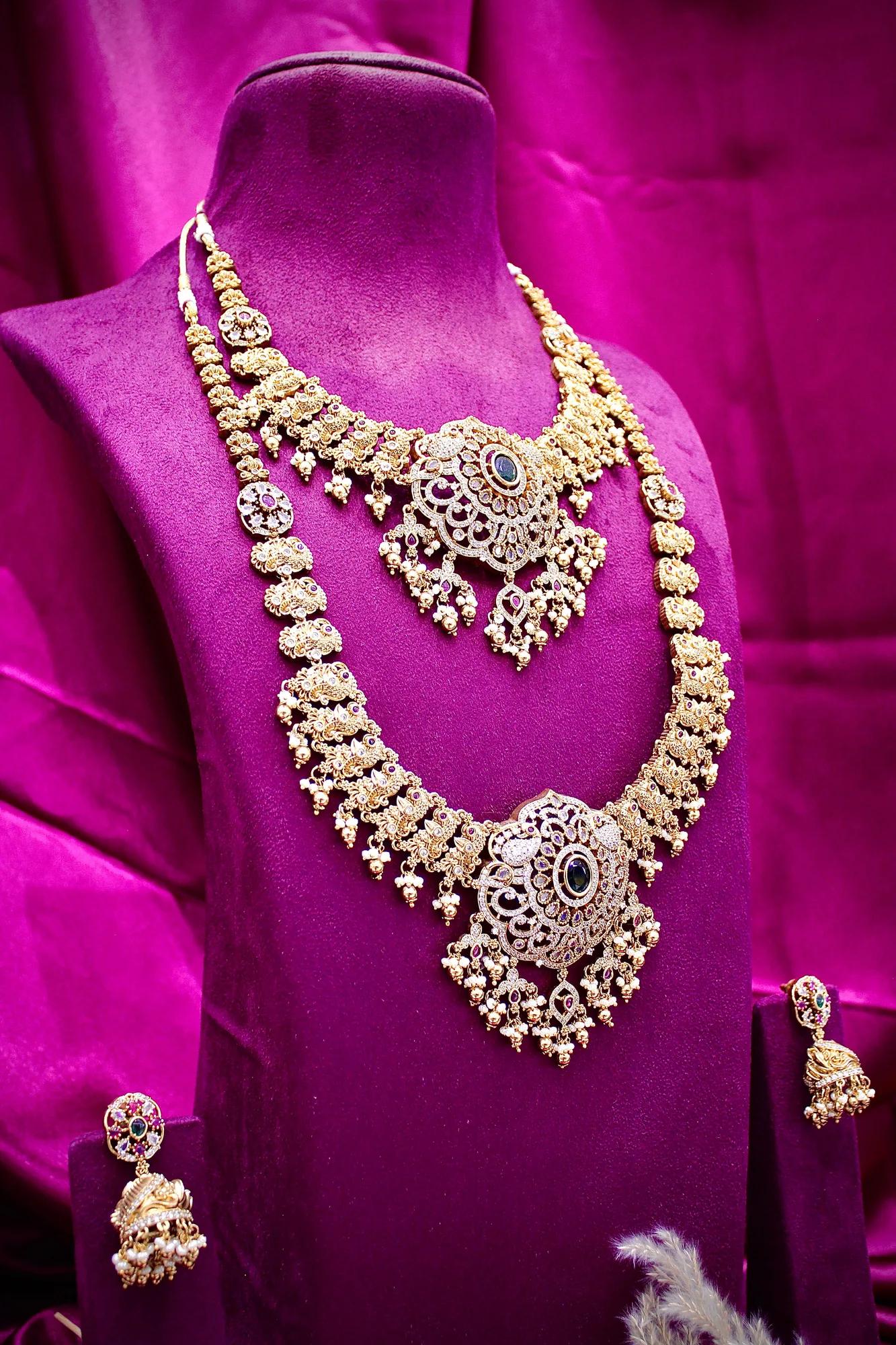 Royal Antique Gold-Plated Dual Layer Temple Necklace Set with Green Stone Pendant & Jhumka Earrings