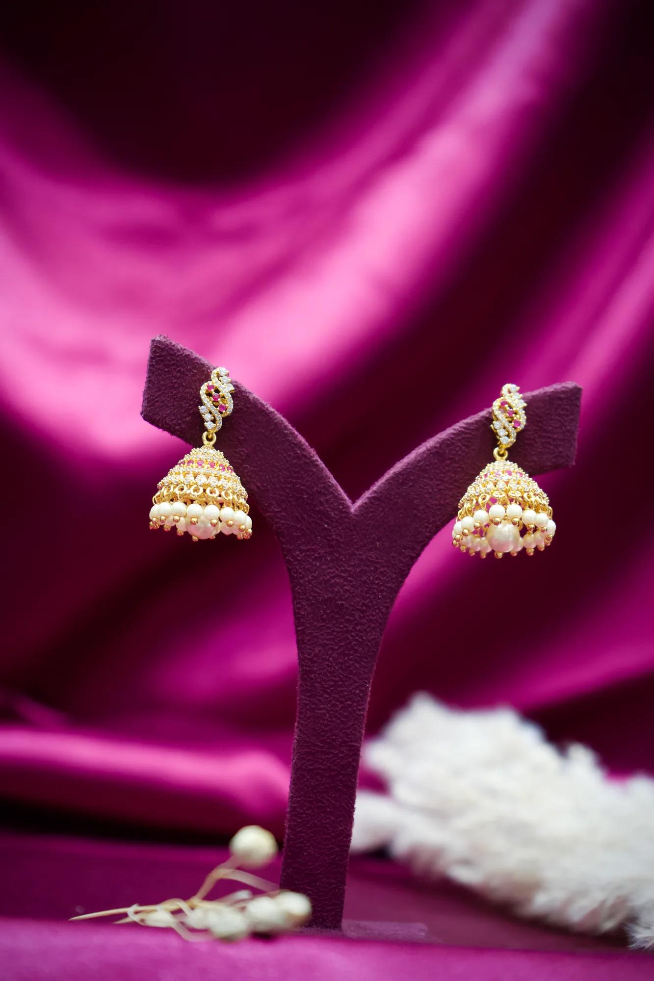 Pink CZ Pearl Jhumka Earrings