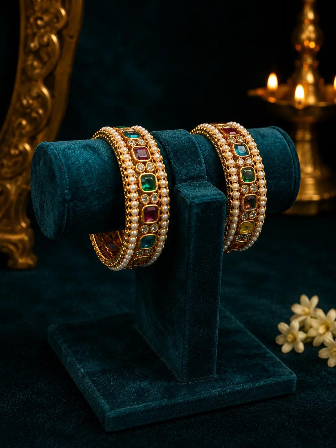 Royal Navratan Cabochon Bangle Set with Pearl & CZ Border