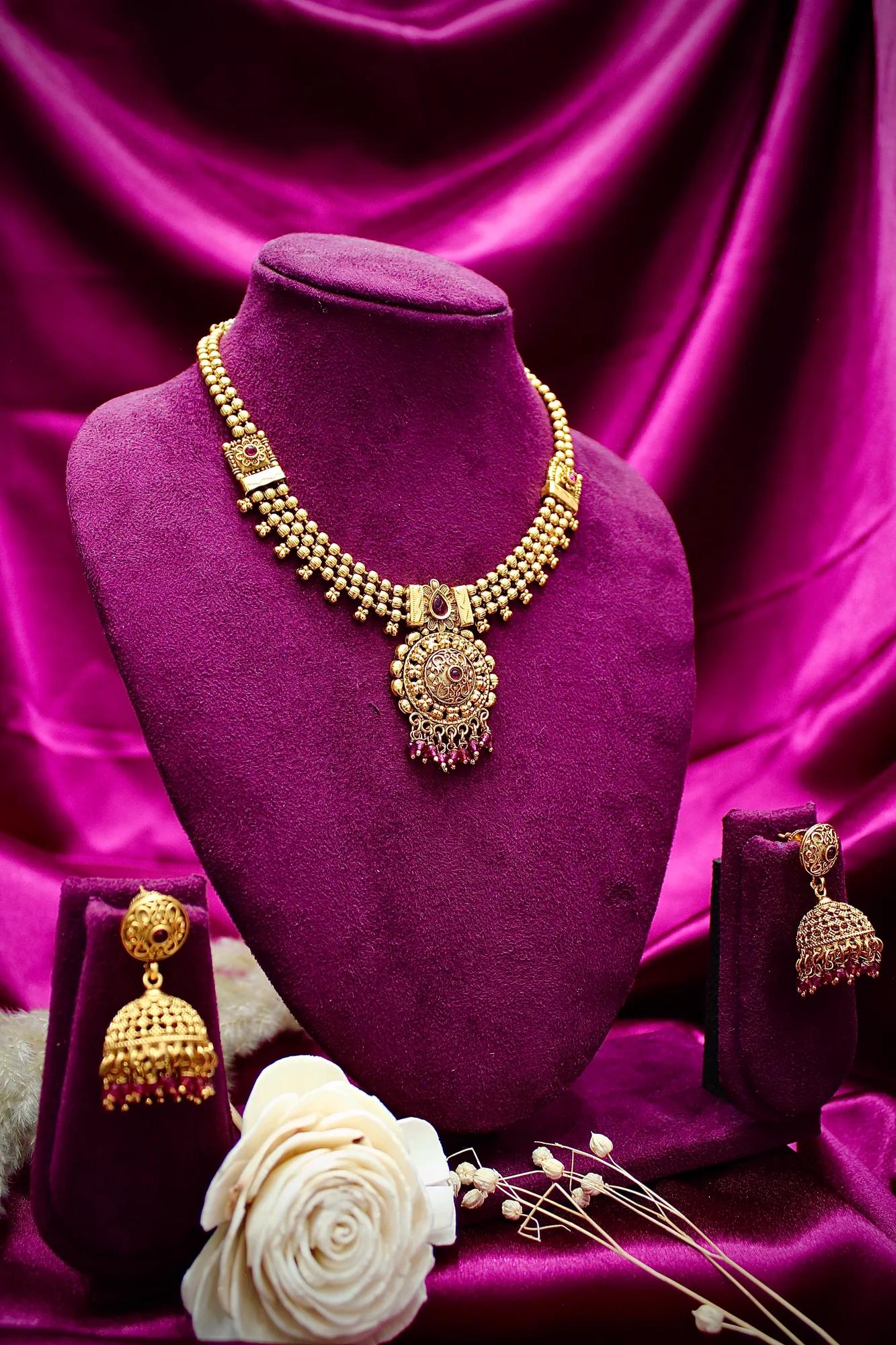 Antique Gold-Tone Pendant Necklace Set with Jhumka Earrings