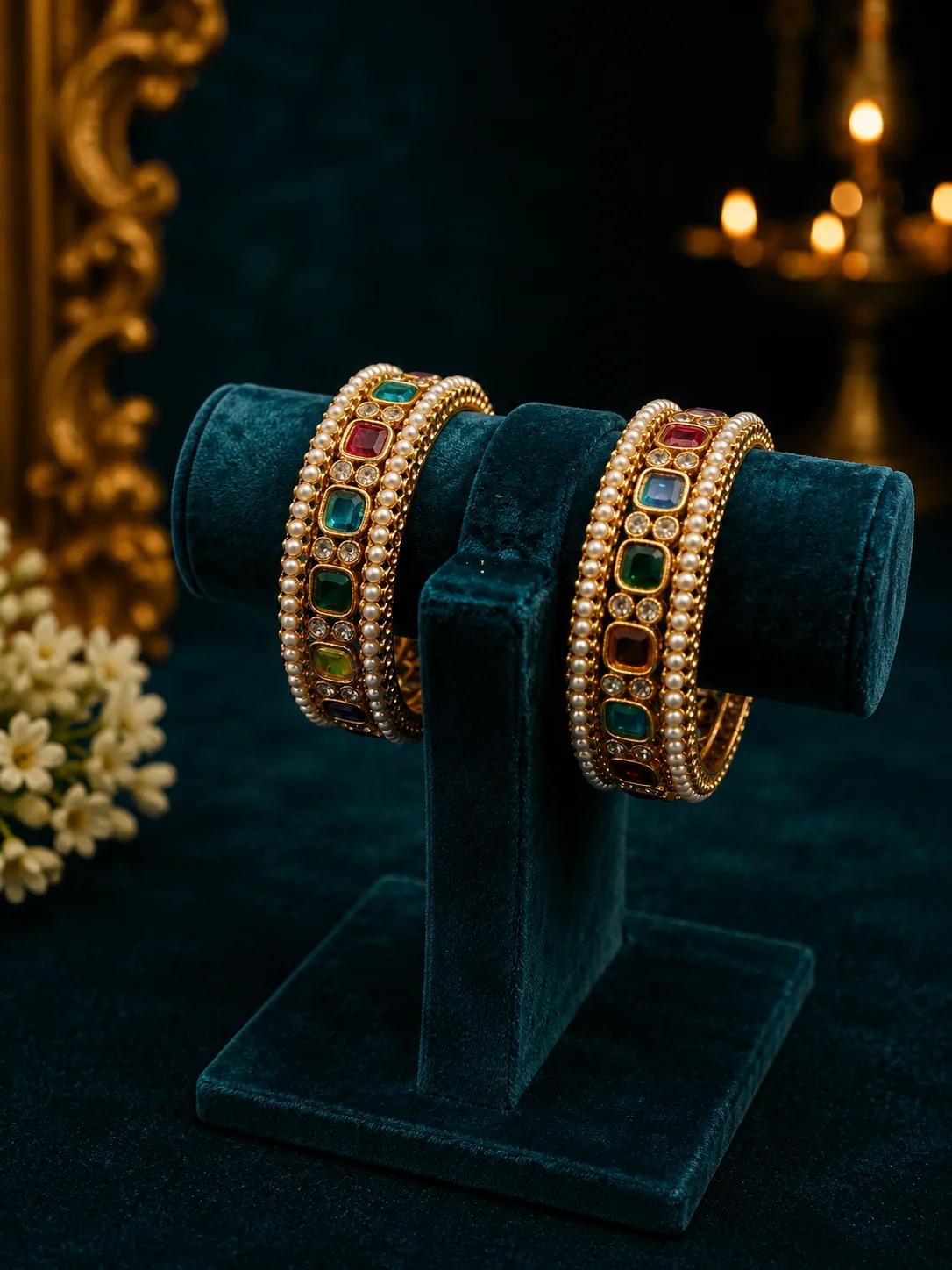 Royal Navratan Cabochon Bangle Set with Pearl & CZ Border