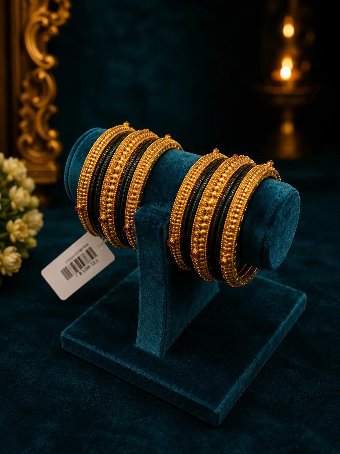 Heirloom Granule Bangle Set with Green Enamel & Ruby Accents