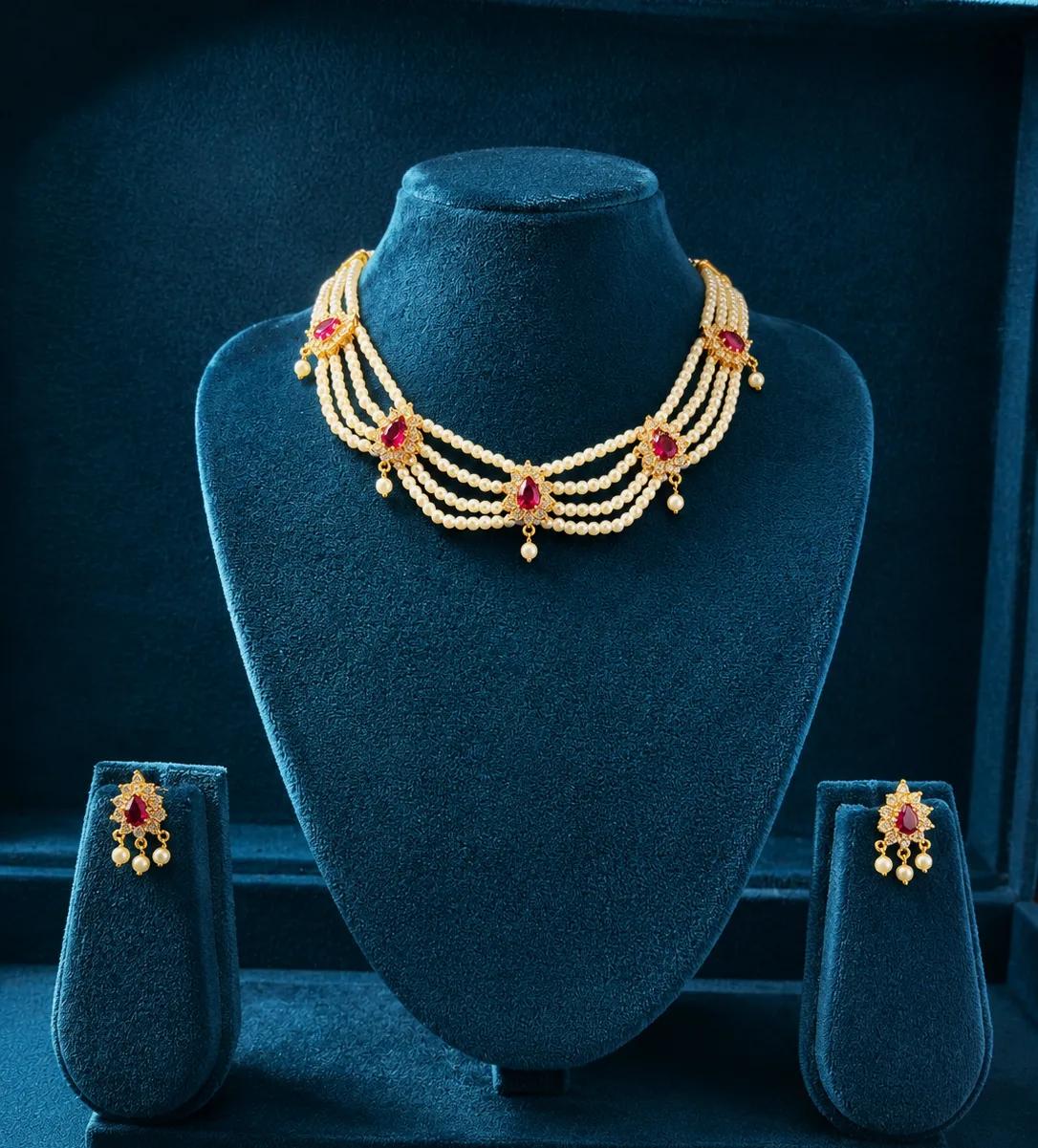 Royal Ruby Pearl Chinchpeti Necklace Set