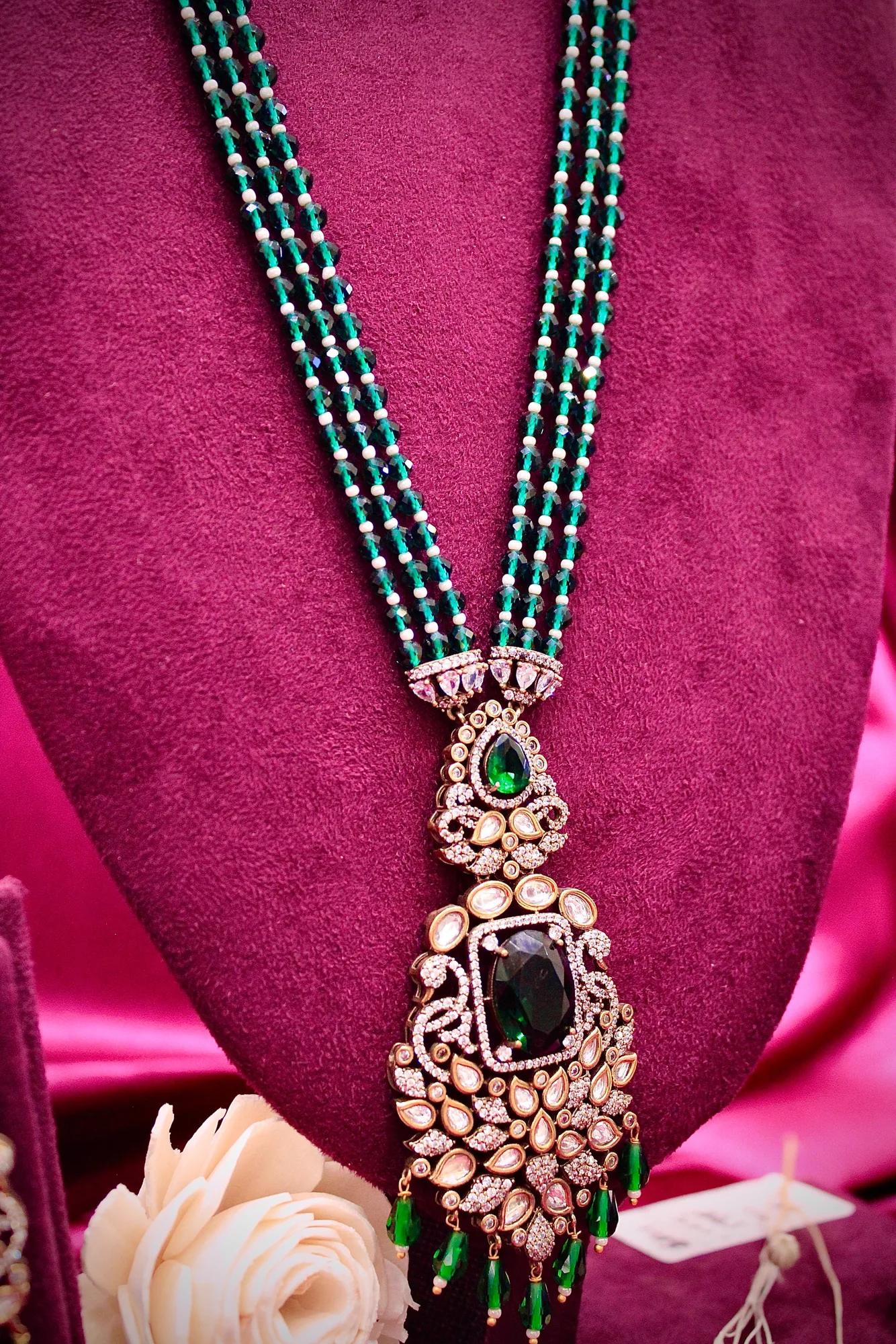 Emerald Green Multi-Strand Beaded Pendant Necklace Set