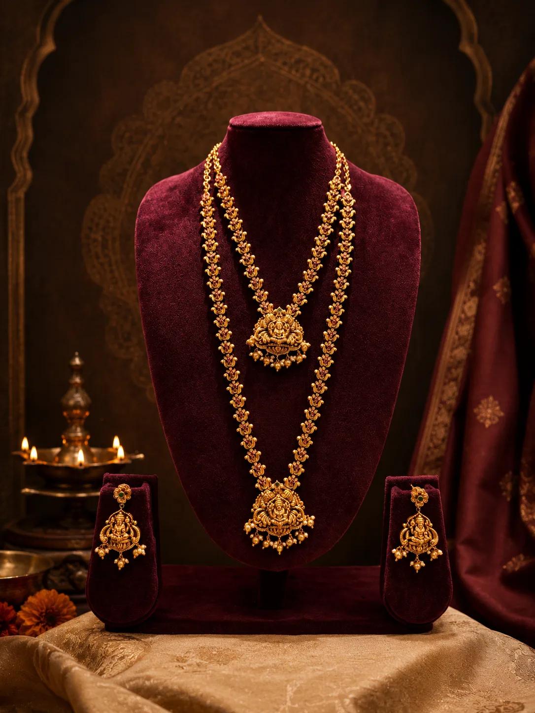 Temple Lakshmi Double Layer Haram Necklace Set