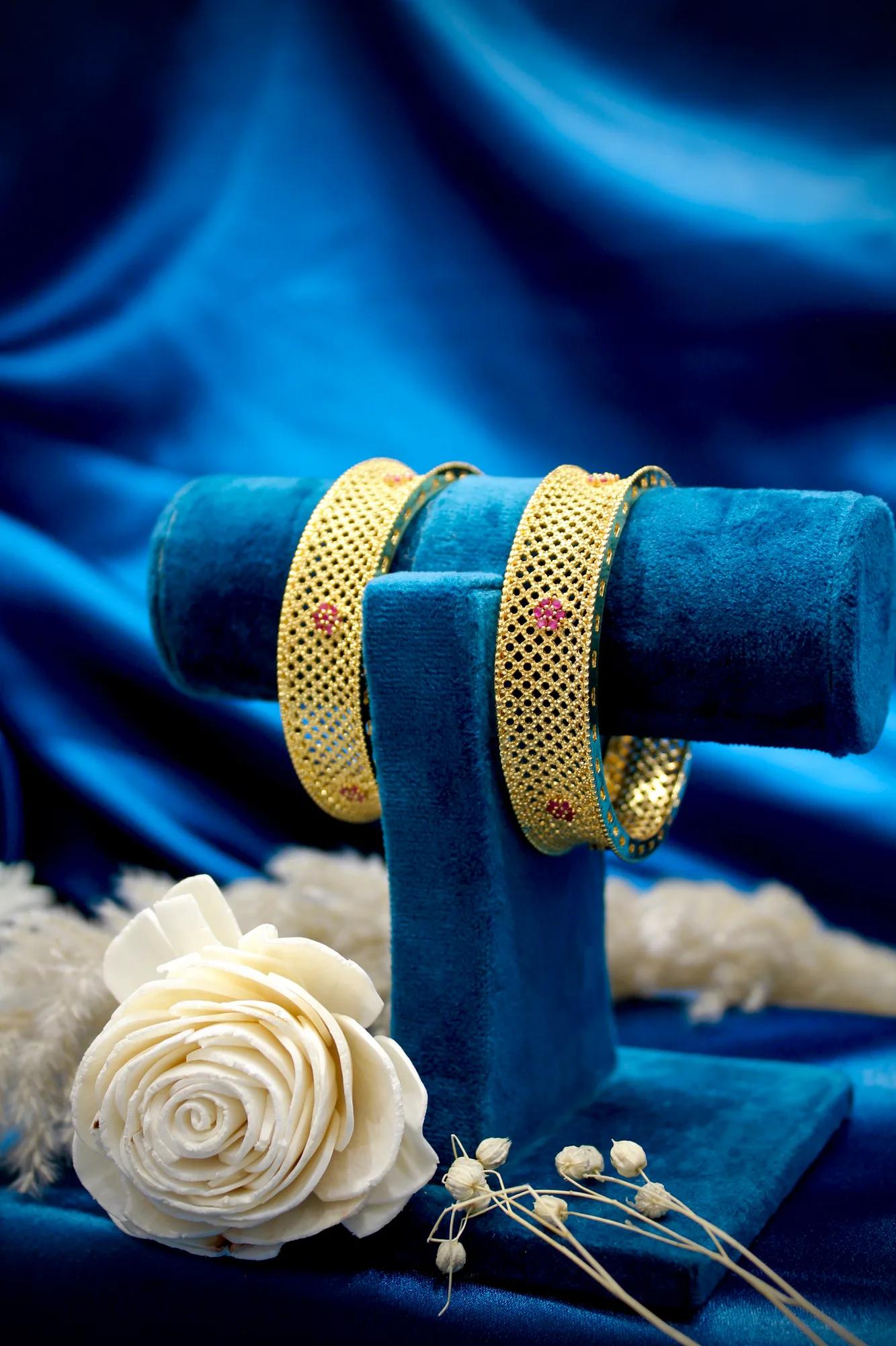 Royal Mesh Floral Stone Studded Broad Kada Bangle Set