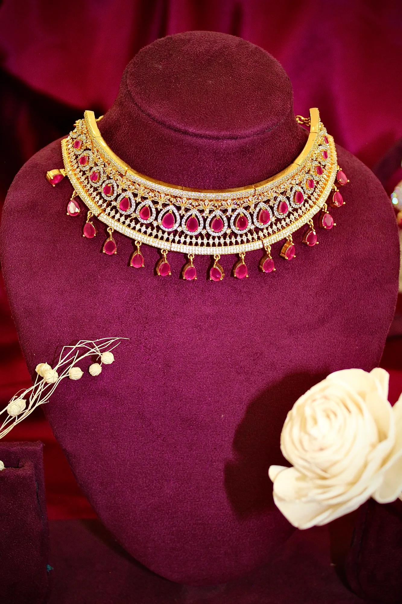 Ruby Teardrop Bridal Choker Necklace Set with Matching Earrings
