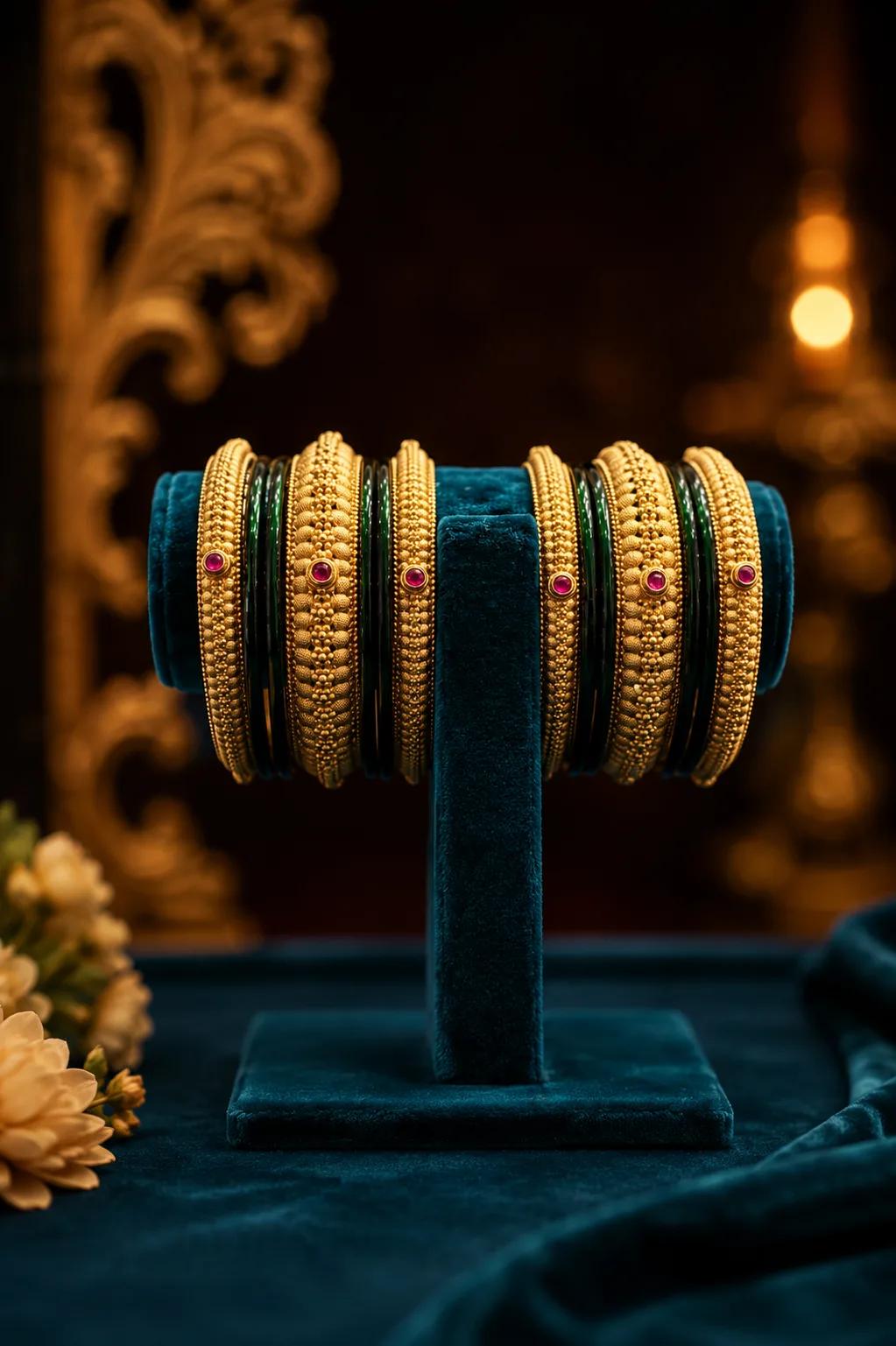 Heirloom Granule Bangle Set with Green Enamel & Ruby Accents