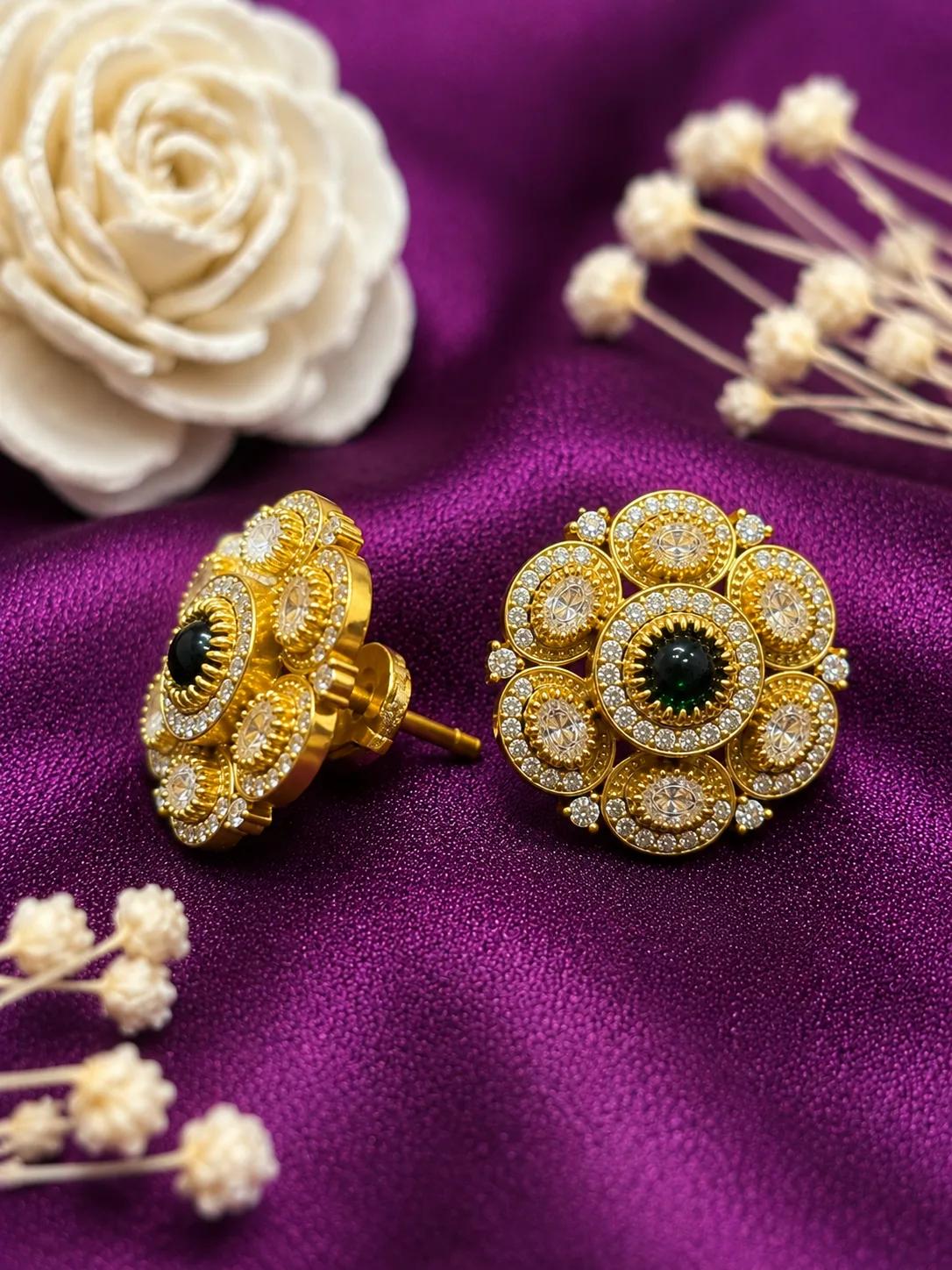 Royal Floral Halo Gold Stud Earrings