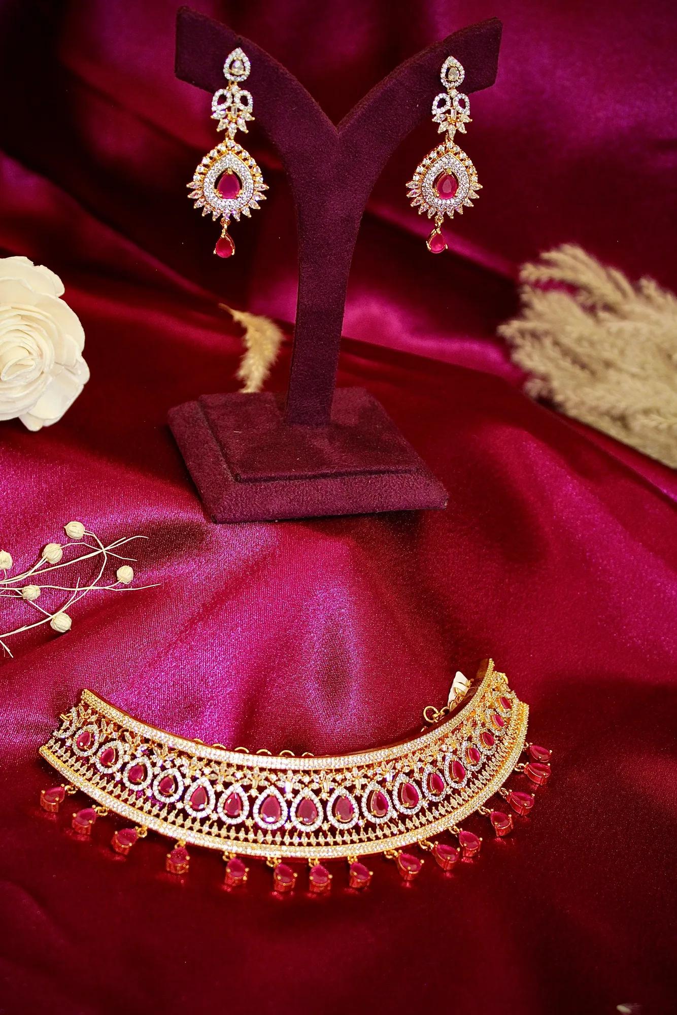 Ruby Teardrop Bridal Choker Necklace Set with Matching Earrings