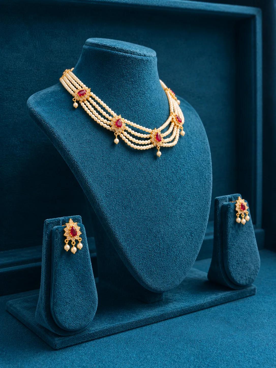 Royal Ruby Pearl Chinchpeti Necklace Set