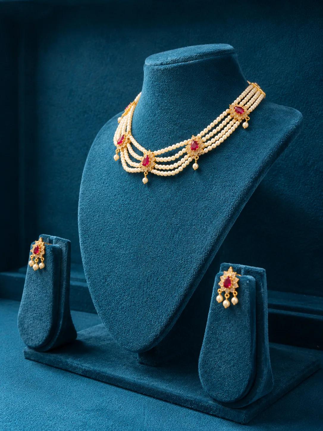Royal Ruby Pearl Chinchpeti Necklace Set