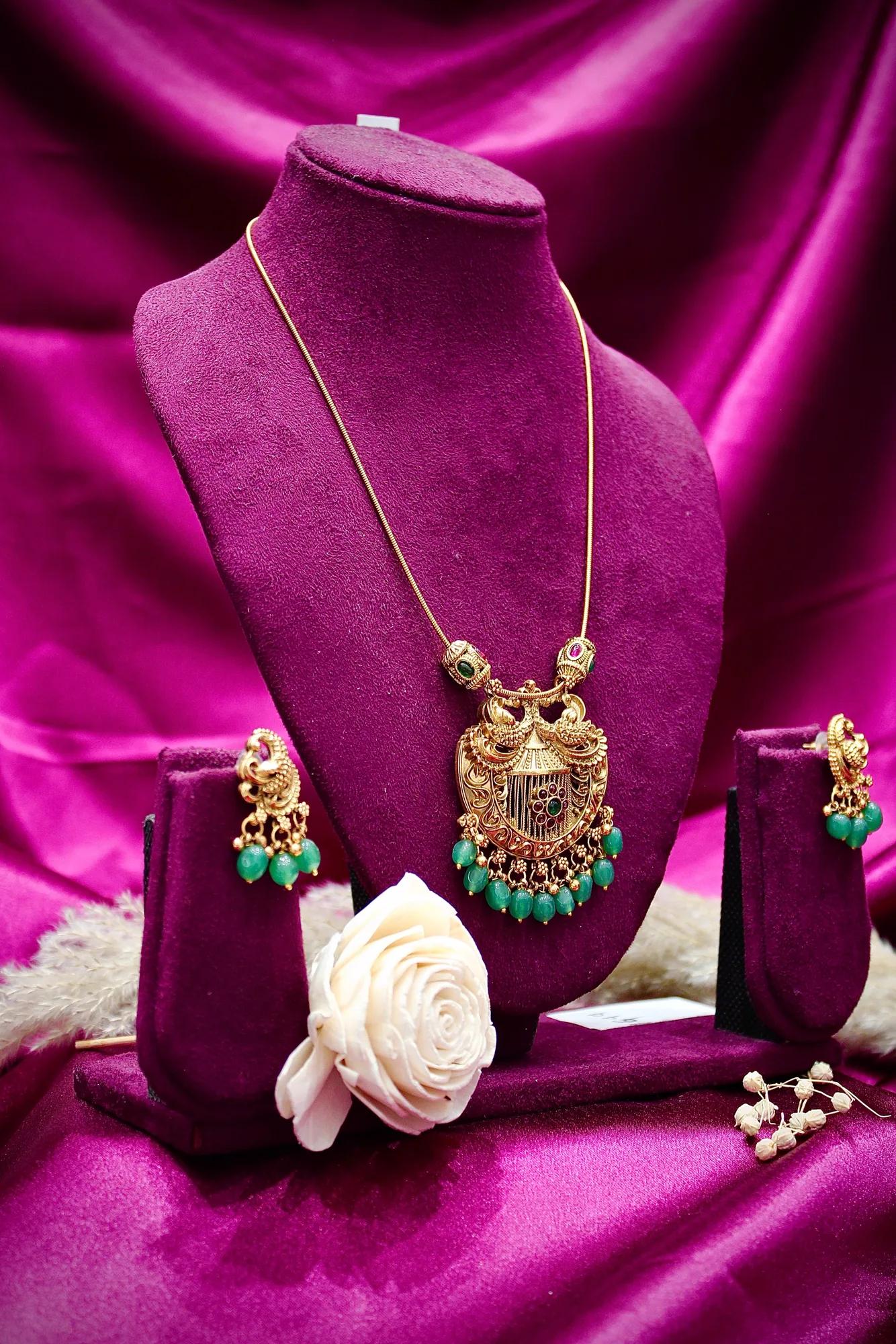 Antique Peacock Pendant Necklace with Green Bead Danglers