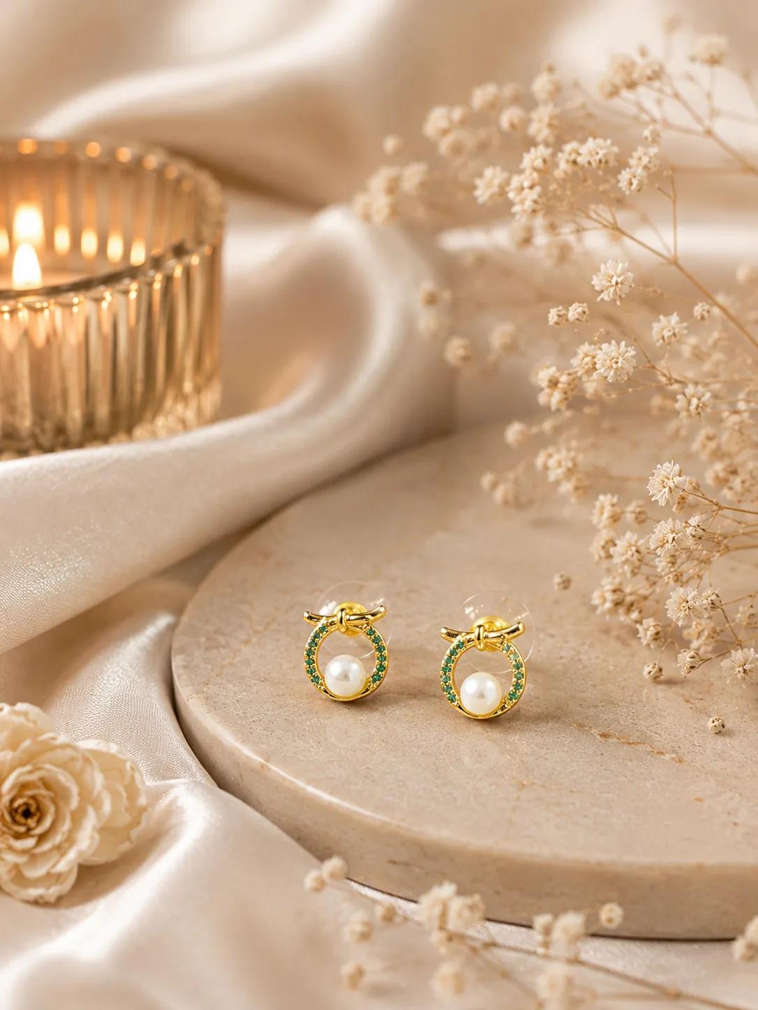 Elegant Pearl Halo AD Stud Earrings